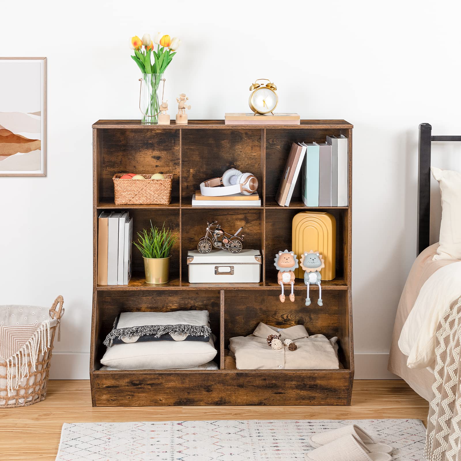 HOOBRO 8-Cubicle Kids Bookshelf and Toy Storage Organizer - Rustic Brown Wooden Bookcase for Playroom, Bedroom, Nursery & School - Perfect for Organizing Books, Toys, and Learning Supplies