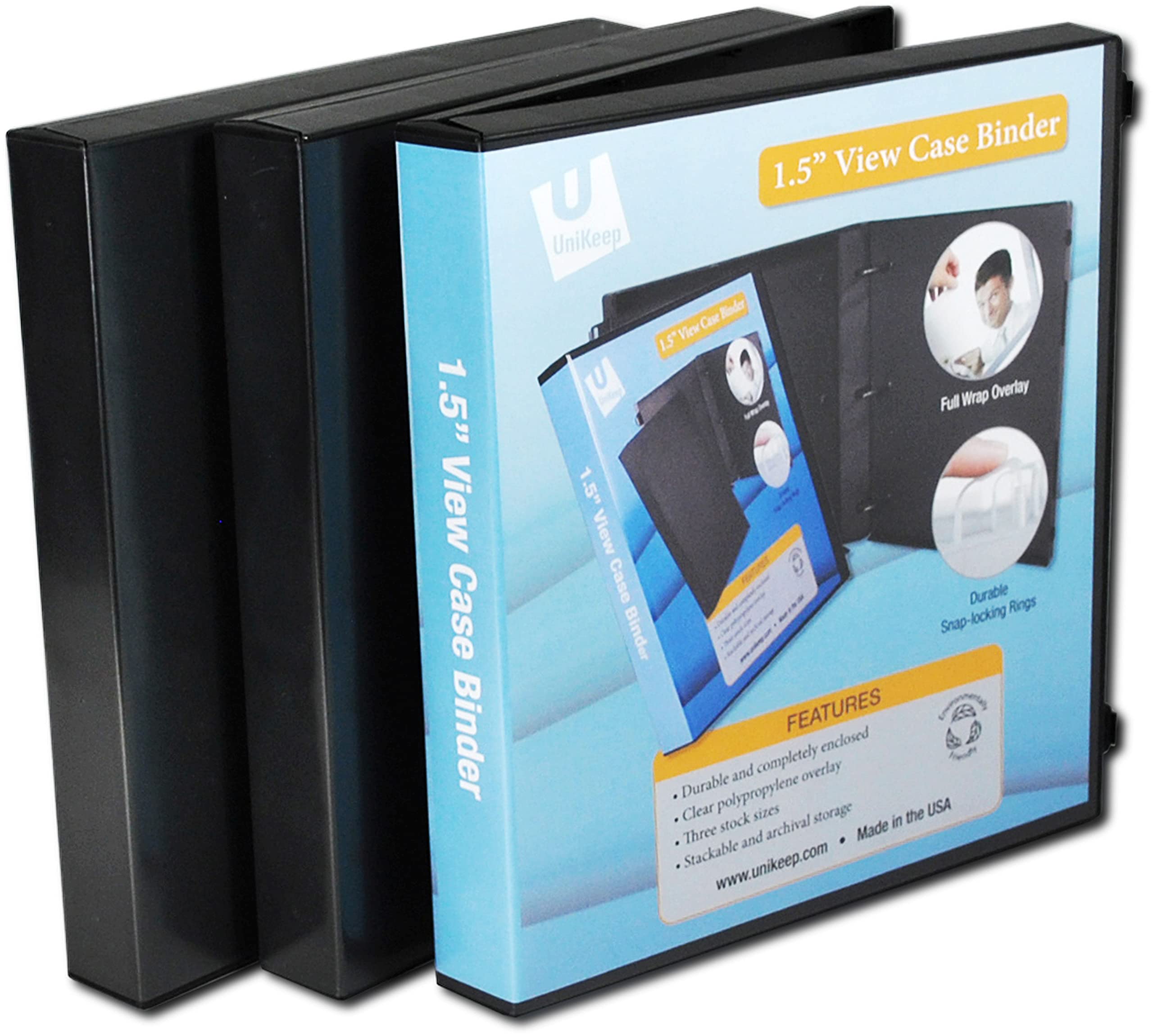 UniKeep 3 Ring View Binder - Fully Enclosed Binder Case in White, Clear or Black - Multiple Spine Widths (1.5 Inch, Pack of 3, Black) - Perfect for School, Office & Document Organization