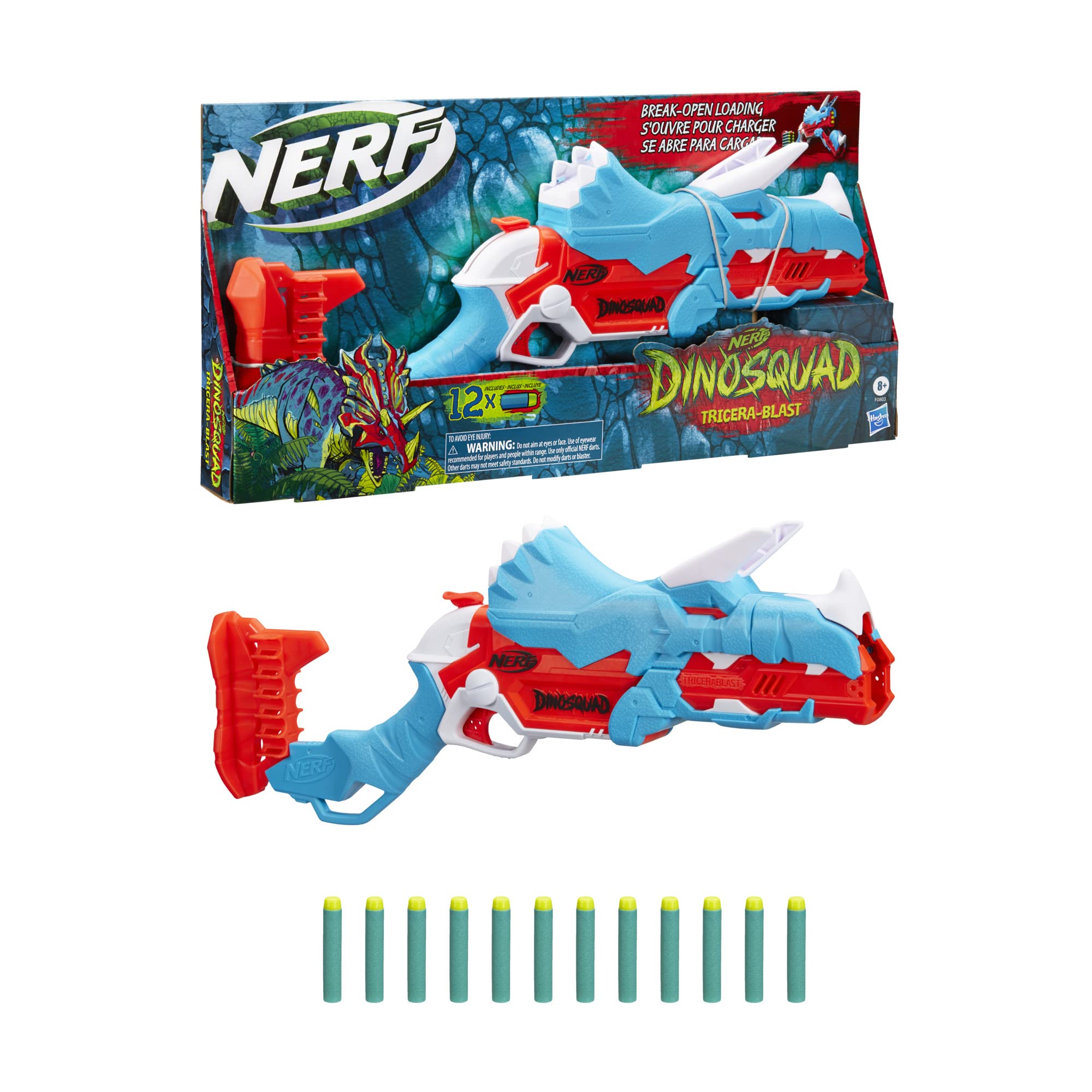 Nerf DinoSquad Tricera-Blast Dart Blaster with 12 Elite Darts - Outdoor Toy for Kids Ages 8+ - Dinosaur-Themed Foam Blaster for Boys and Girls - Perfect for Backyard Battles and Pretend Play