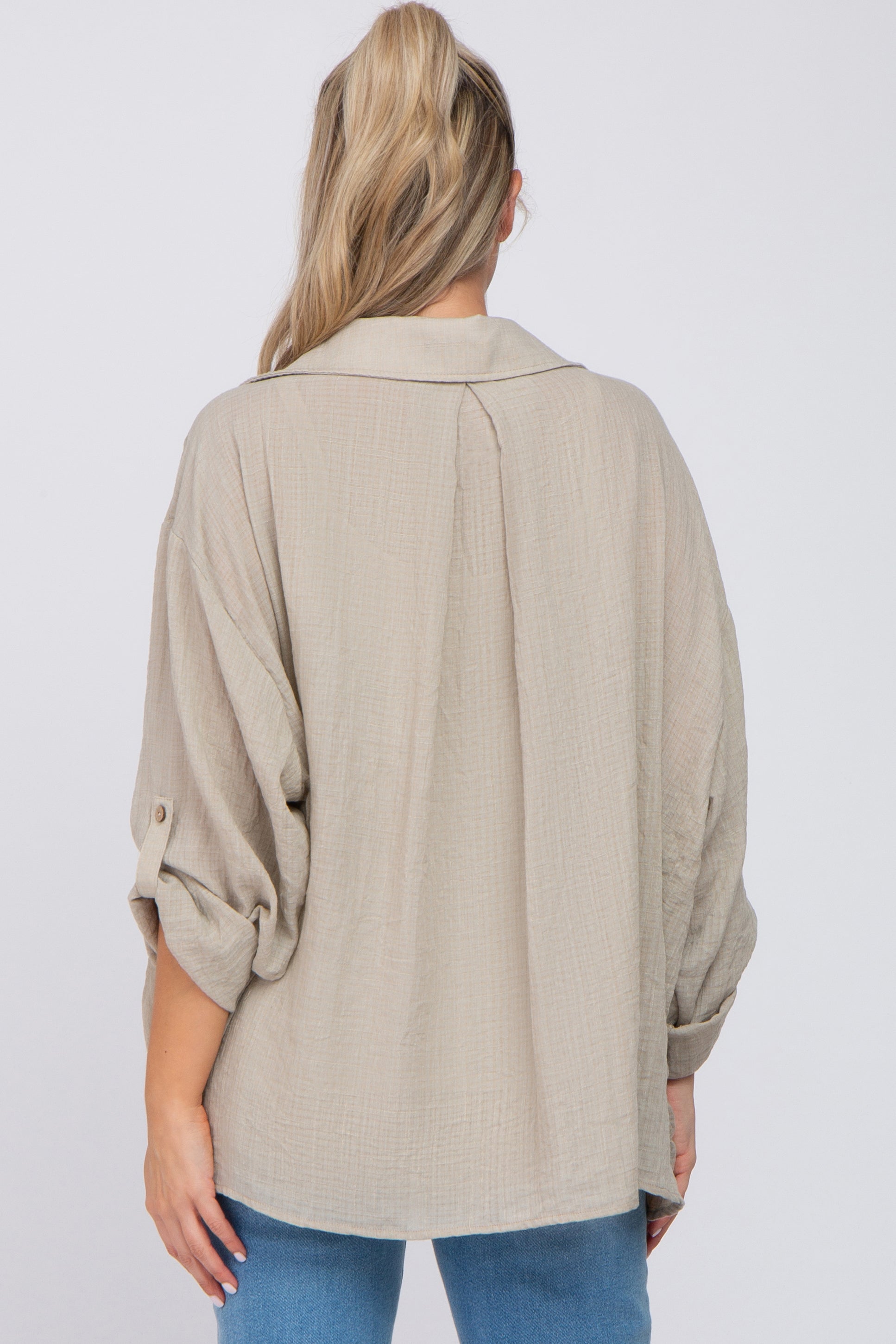 Beige Rolled Cuff Maternity Button Down Blouse - Comfortable Pregnancy Shirt for Work & Casual Wear | Nursing-Friendly Office & Everyday Top