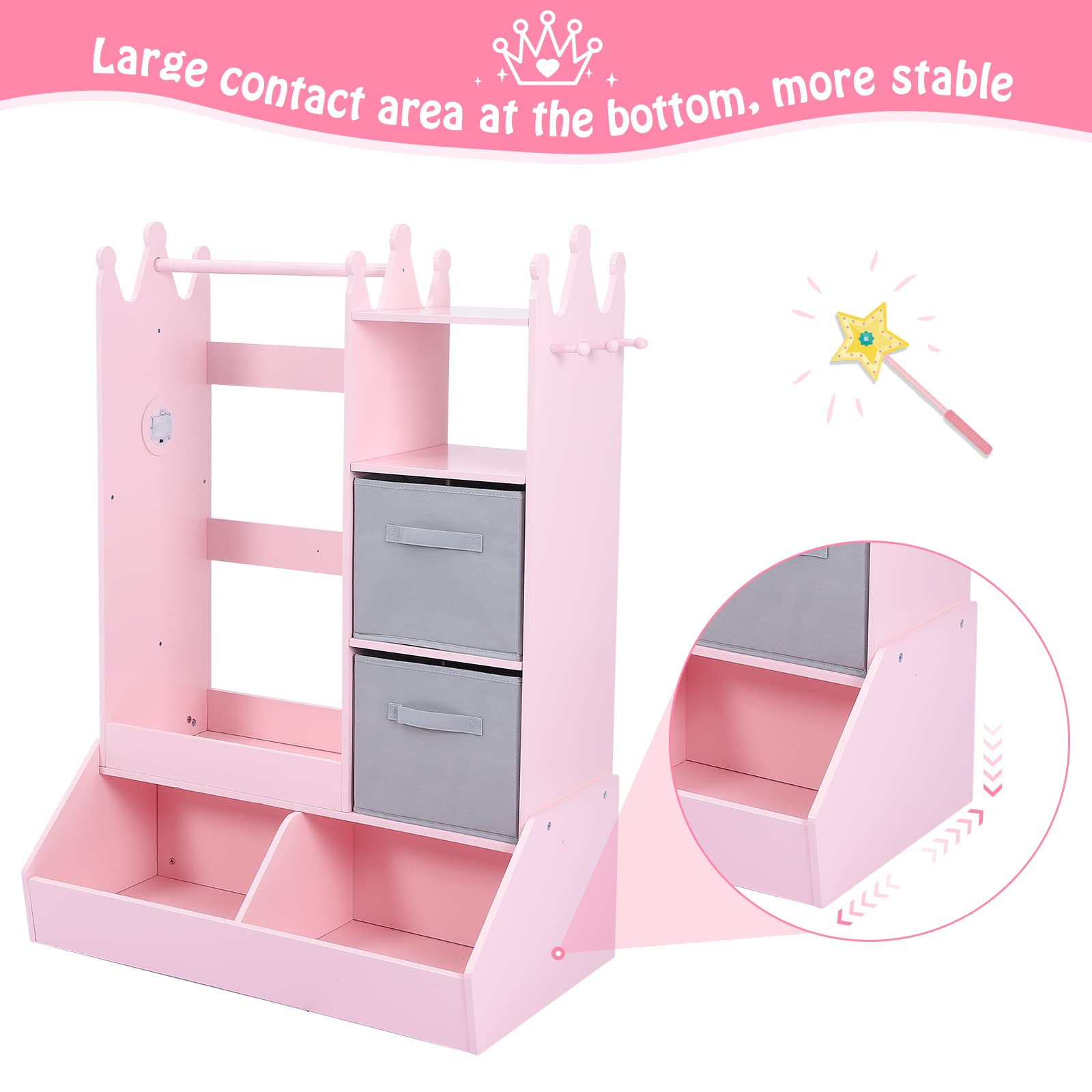 Bophy Girls' Dress Up Storage Organizer with LED Light & Mirror - Kids Clothing Rack with Storage Bin, Open Hanging Armoire Closet for Bedroom (Pink) - Perfect for Organizing Dresses, Costumes & Accessories in Kids Room or Play Area