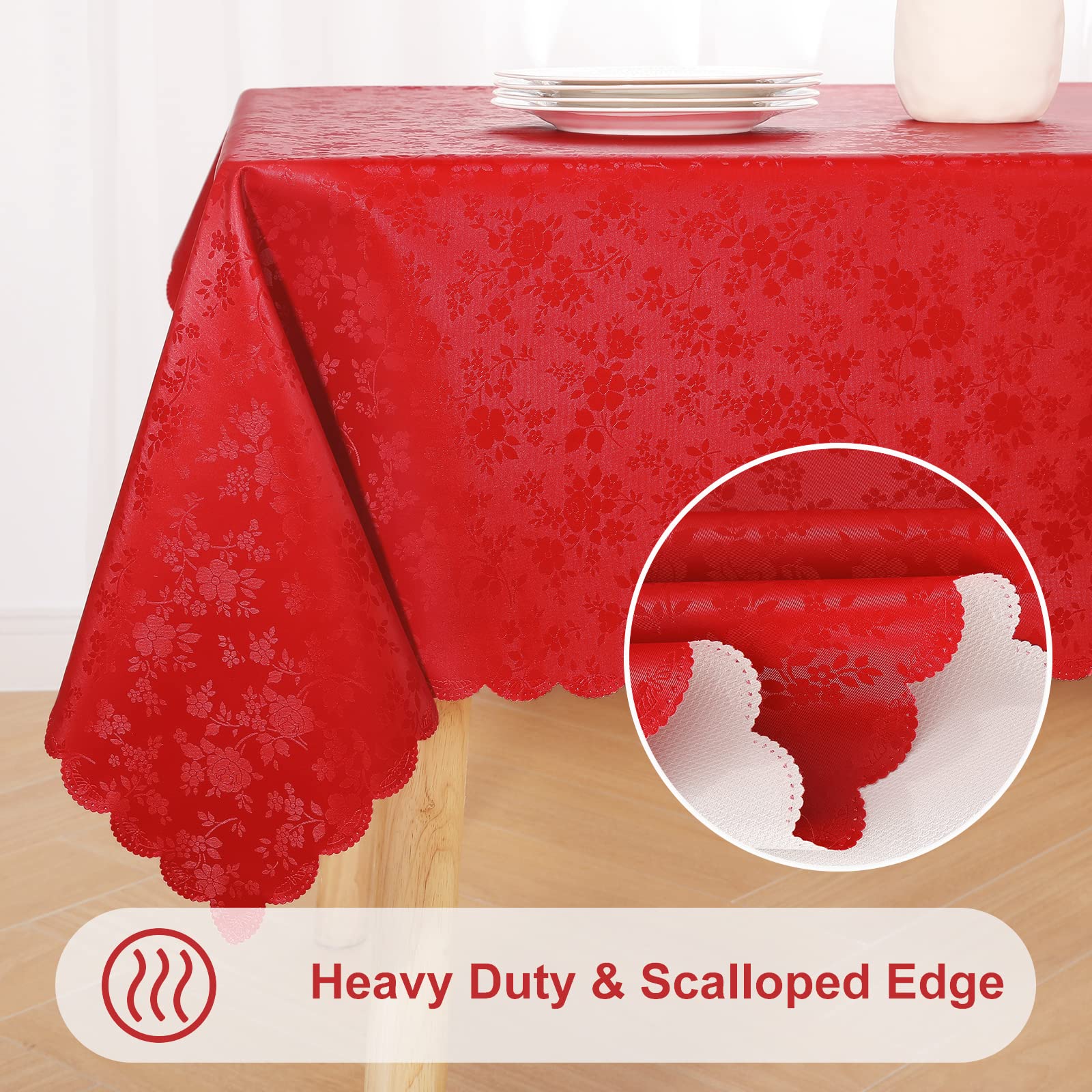Smiry Waterproof Heavy Duty Vinyl Tablecloth - Wipeable, Washable Rectangle Table Cover for Kitchen, Dining Room, Picnics & Outdoor Events (Red, 52