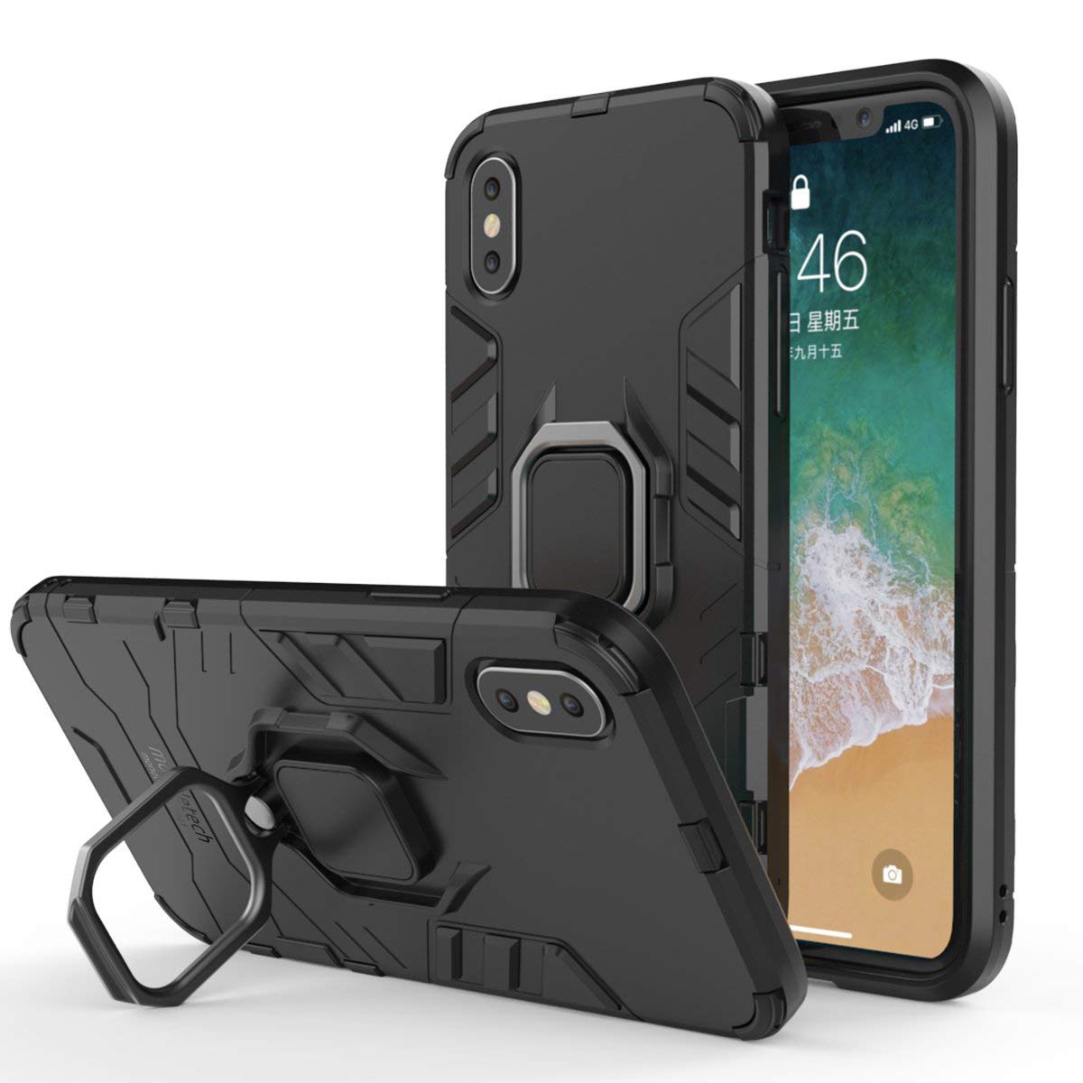 Mondetech iPhone Xs/X Case with Tempered Glass Screen Protector - Slim Tough Drop Proof Cover with Ring Stand & Magnetic Holder | Heavy Duty Shockproof for Outdoor, Travel, Work (Black)