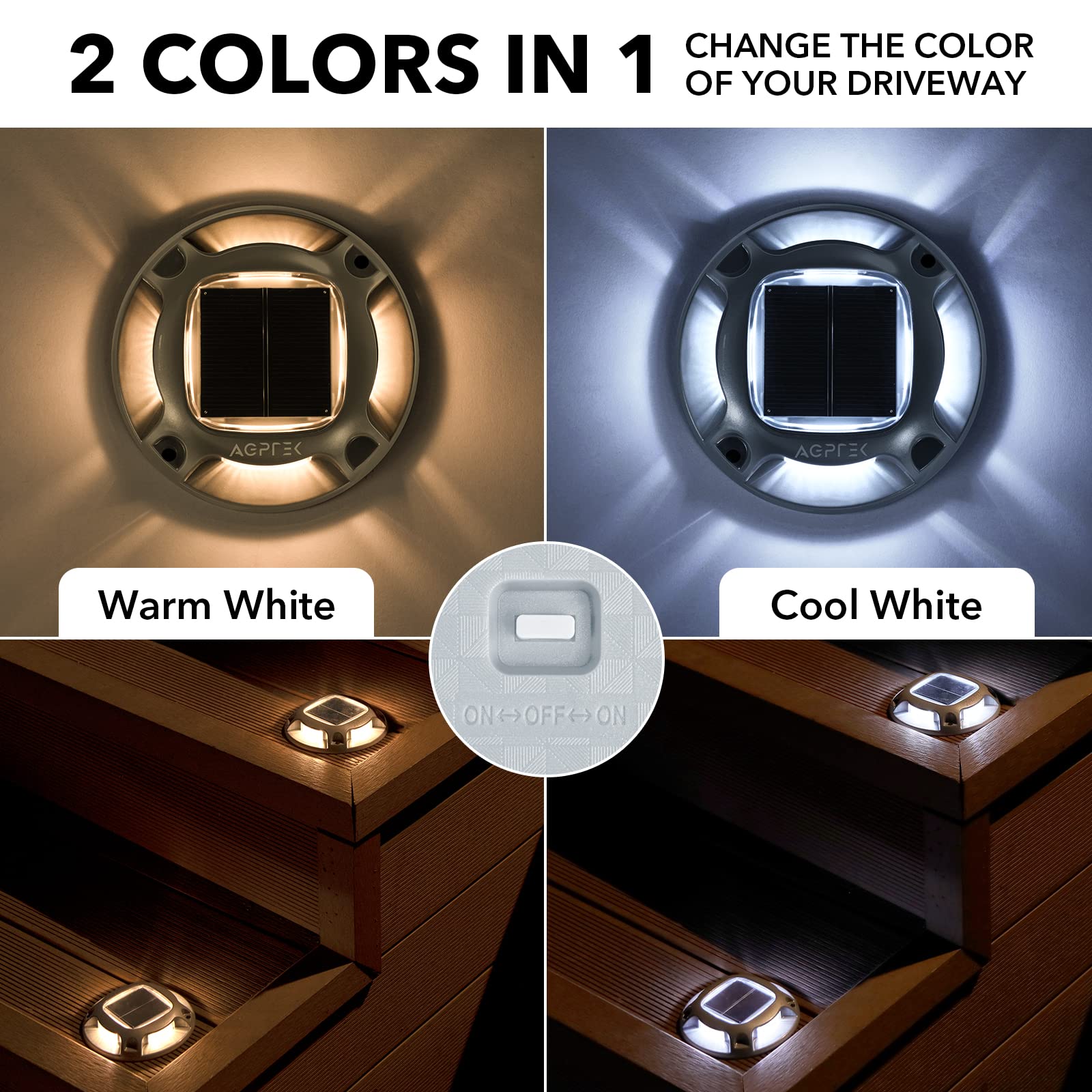 AGPTEK 12 Pack Solar Driveway Lights Outdoor - Waterproof LED Deck Dock Marine Marker Lights with Warm White & Cool White Modes for Steps, Sidewalk, Stair, Garden Pathway, Walkway & Yard - Perfect for Nighttime Safety & Landscape Lighting
