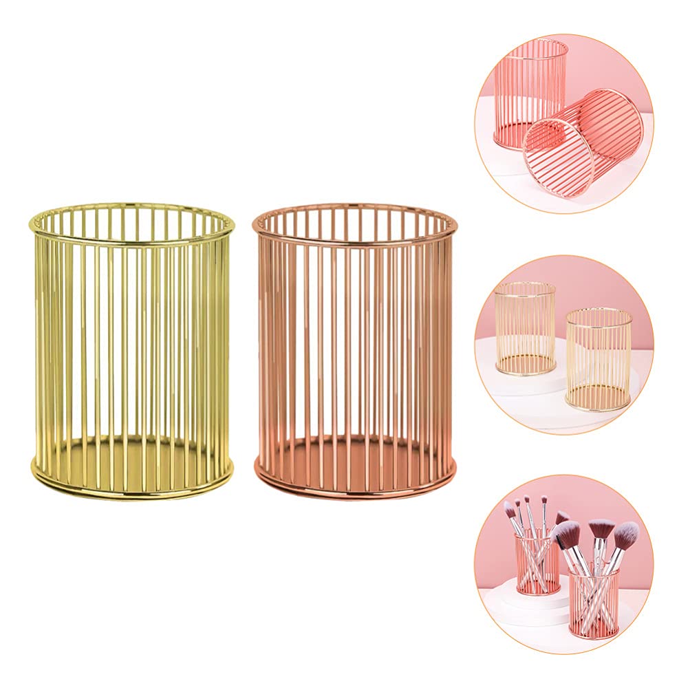 2-Pack Gold Iron Wire Pen Holder & Makeup Brush Organizer - Stylish Mesh Desk Organizer for Office, Home, or Vanity - Perfect for Pens, Styluses, Cosmetics & Art Supplies
