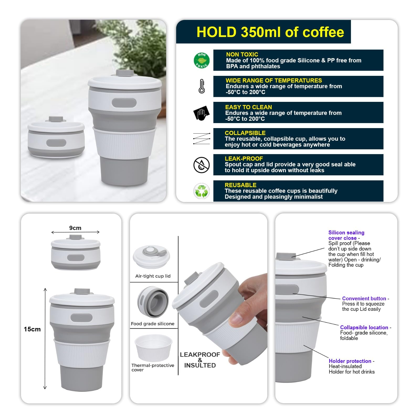 Eco-Friendly Collapsible Travel Mug - BPA Free Food Grade Silicone Thermos for Hot & Cold Drinks (350ml, Grey) - Perfect for Camping, Hiking, Office & Commuting - Foldable Cup with Leak-Proof Lid