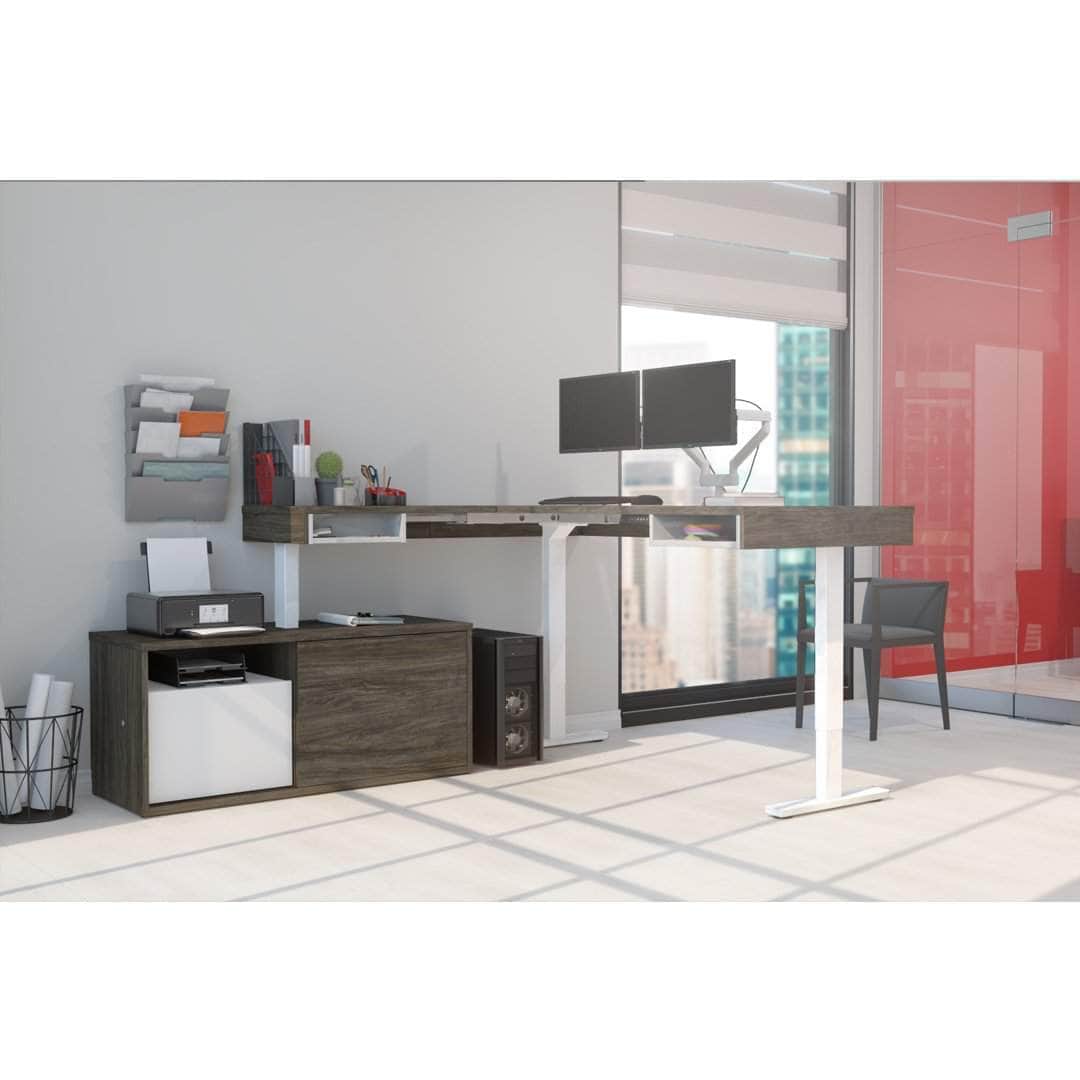 Ergonomic L-Shaped Standing Desk with Built-in Credenza & Dual Monitor Arm - 2 Color Options for Home & Office Workspace