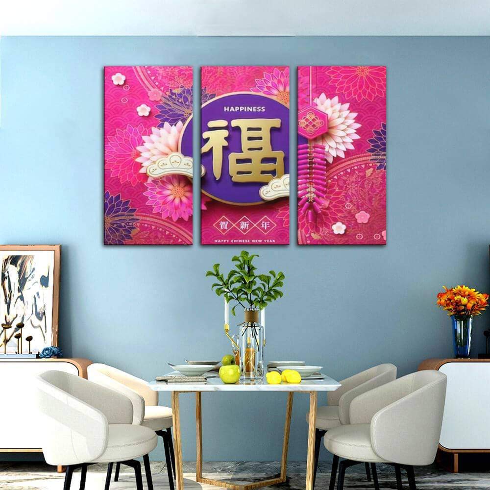 Blaverr Chinese New Year Canvas Wall Art - 3 Panels Fortune & Happiness Print with Chrysanthemum & Firecracker Designs | Modern Asian Home Decor for Living Room, Office & Festival Celebration