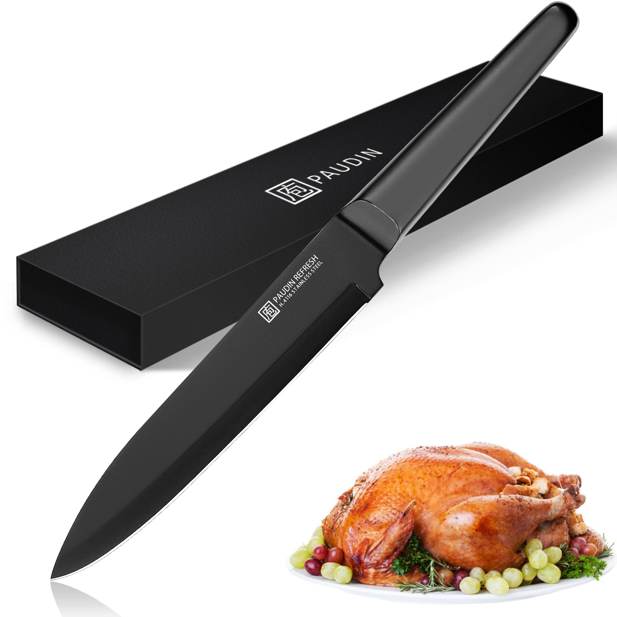 PAUDIN 8 Inch High Carbon Stainless Steel Carving Knife - Professional Kitchen Knife for Meat, BBQ, Turkey & Sushi - Ergonomic Hollow Handle Design - Perfect for Holiday Dinners, Restaurant Use & Home Cooking