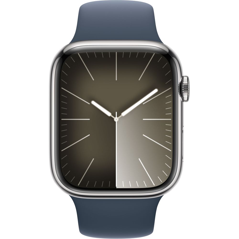 Apple Watch Series 9 (Gen 9) GPS + Cellular 45mm Silver Stainless Steel Case with Storm Blue Sport Band - MRMP3LL/A - Perfect for Fitness Tracking, Workouts & Everyday Wear