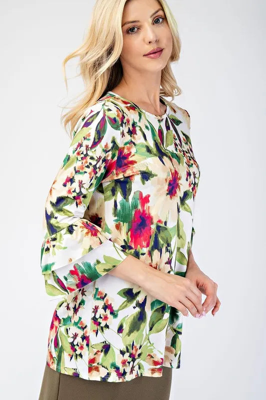 Celeste Plus Size Floral Layering Tops with Non-Slip Sleeves - Green Floral Print Blouse for Women | Perfect for Layering, Office Wear & Casual Outfits