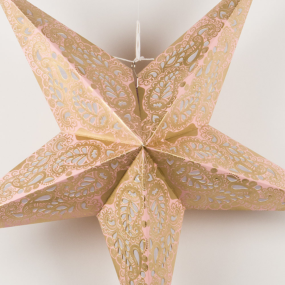 24 Gold and Pink Paisley Paper Star Lanterns - Hanging Decorative Lights for Parties, Weddings & Home Decor