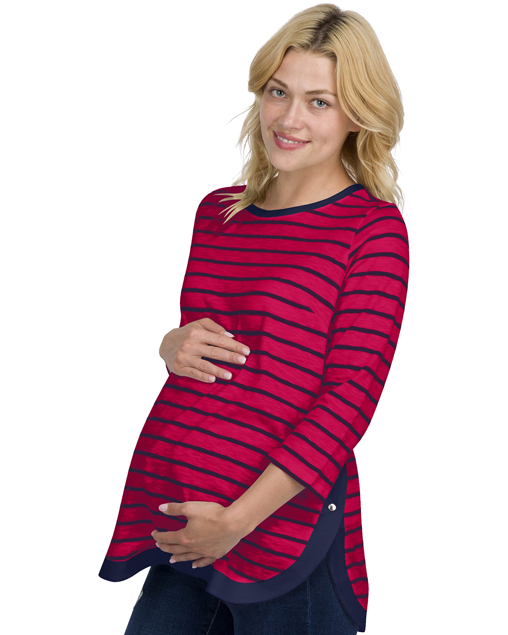 Stylish Striped Side-Button Maternity Nursing Top - Lightweight Long Sleeve Shirt for Work & Office Wear - Comfortable Pregnancy Blouse for Professional Women | Perfect for Business Meetings, Nursing Sessions & Everyday Maternity Fashion