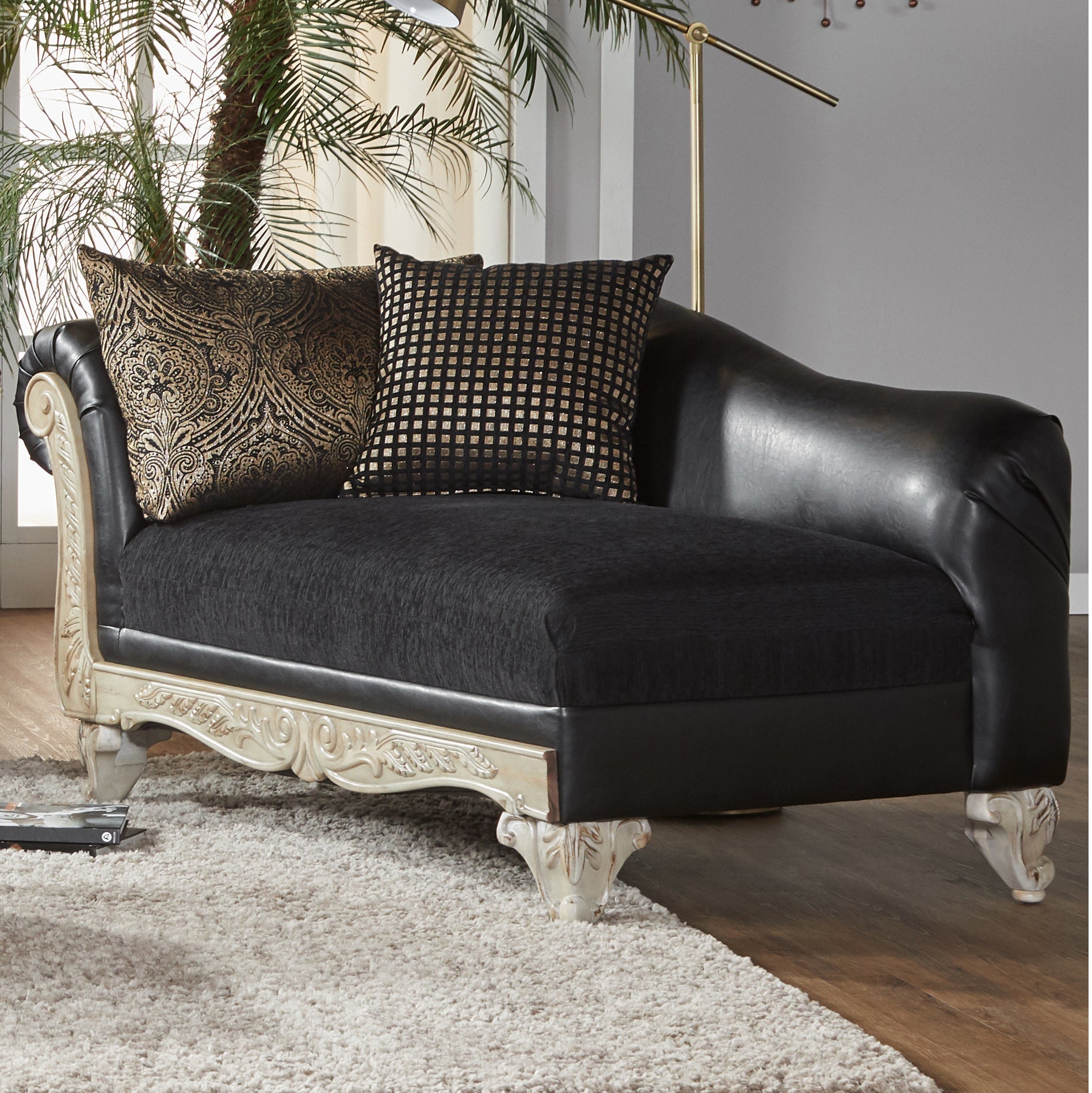 San Marino Wood Frame Faux Leather Chaise Lounge in Ebony - Modern Living Room Furniture for Relaxation & Stylish Home Decor