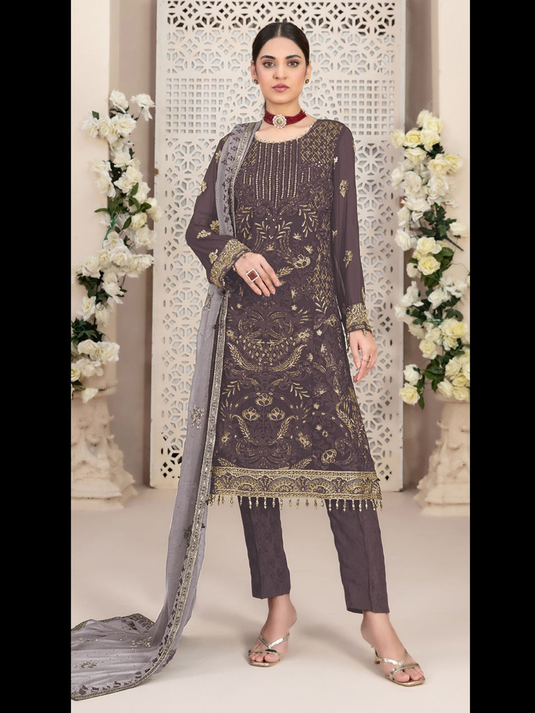 Elegant Beige Traditional Pakistani Semi-Stitched Pant Suit with Hand-Embroidered Thread Work - Perfect for Weddings, Parties & Special Occasions