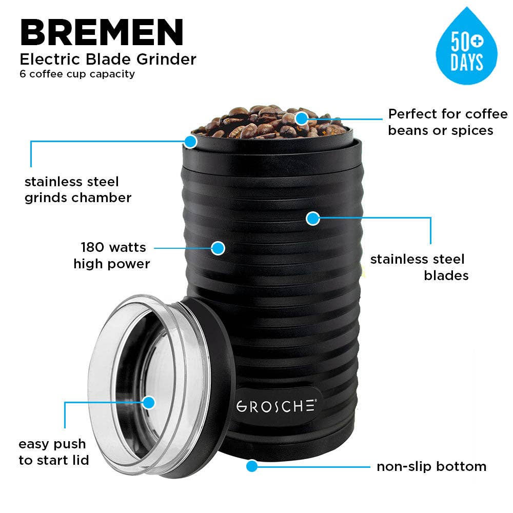 GROSCHE BREMEN Electric Coffee Grinder with Stainless Steel Blades - Perfect for Espresso, French Press & Cold Brew at Home or Office