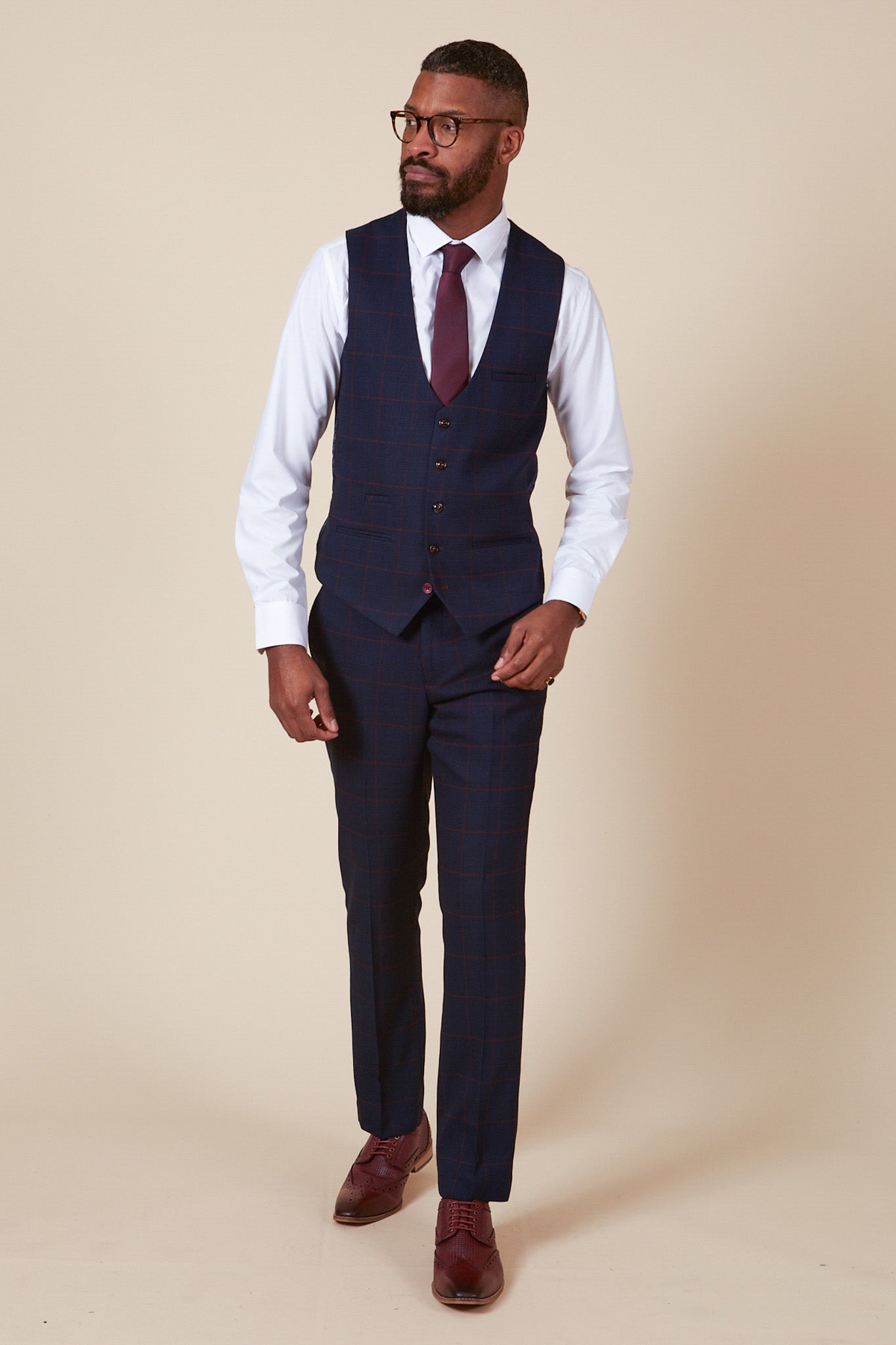 EDINSON Navy Blue Wine Check Single Breasted Waistcoat Vest for Men - Perfect for Weddings, Business Meetings & Formal Occasions