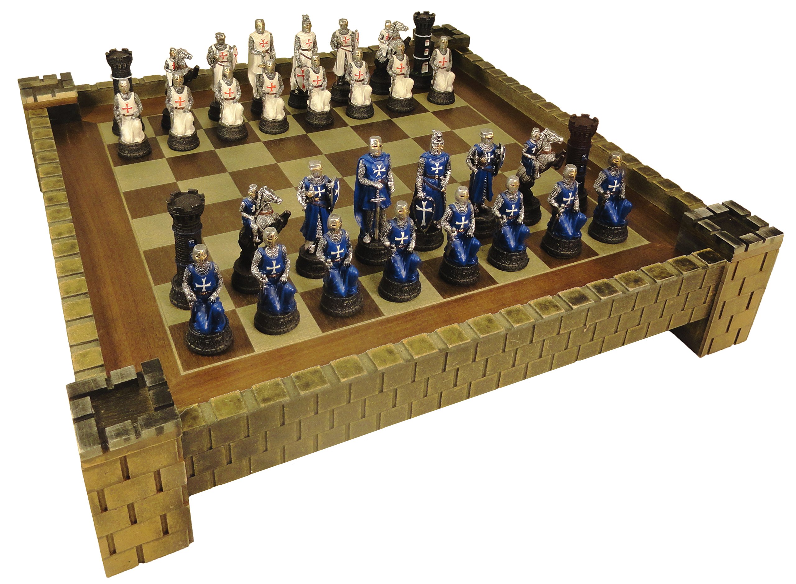 Hand-Painted Medieval Crusades Warrior Chess Set - White & Blue Pieces with 17.5