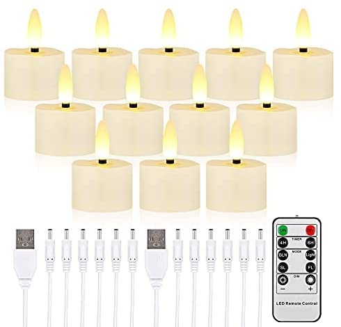 HQZOOMEE 12 Pack 3D Wick Rechargeable Flameless LED Tea Lights - Battery Operated Candles with Remote Control & Timer for Christmas Decorations, Wedding Centerpieces, Home Party Lighting (12-Pack, Ivory)