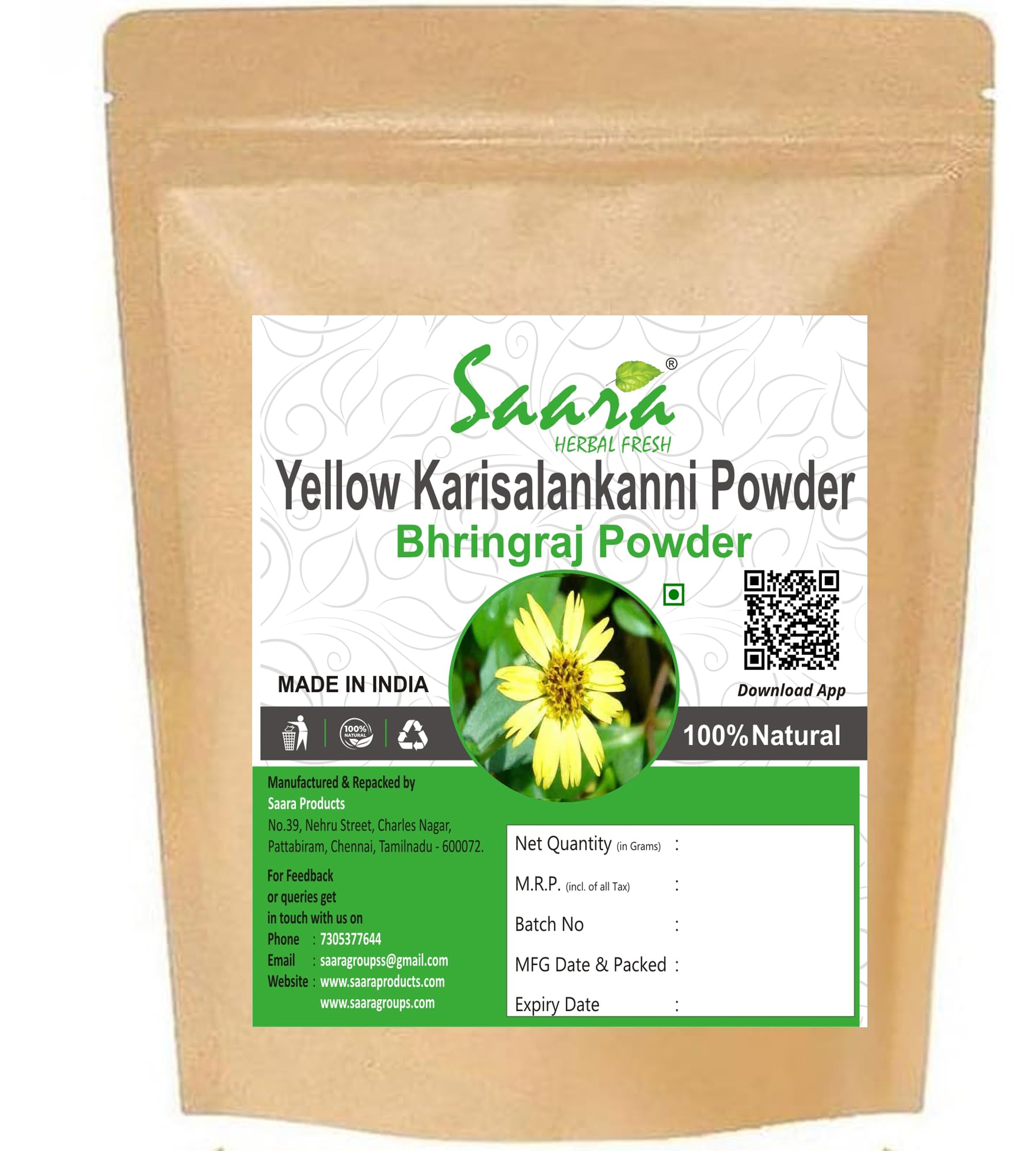 Organic Bhringaraj Powder (False Daisy) 70g - Herbal Hair Care for Growth & Strength | Saara HERBAL FRESH Yellow Karisalankanni | Kayonni, Kesaraja, Bhangara | Promotes Healthy Scalp & Shine - Perfect for DIY Hair Masks & Ayurvedic Treatments