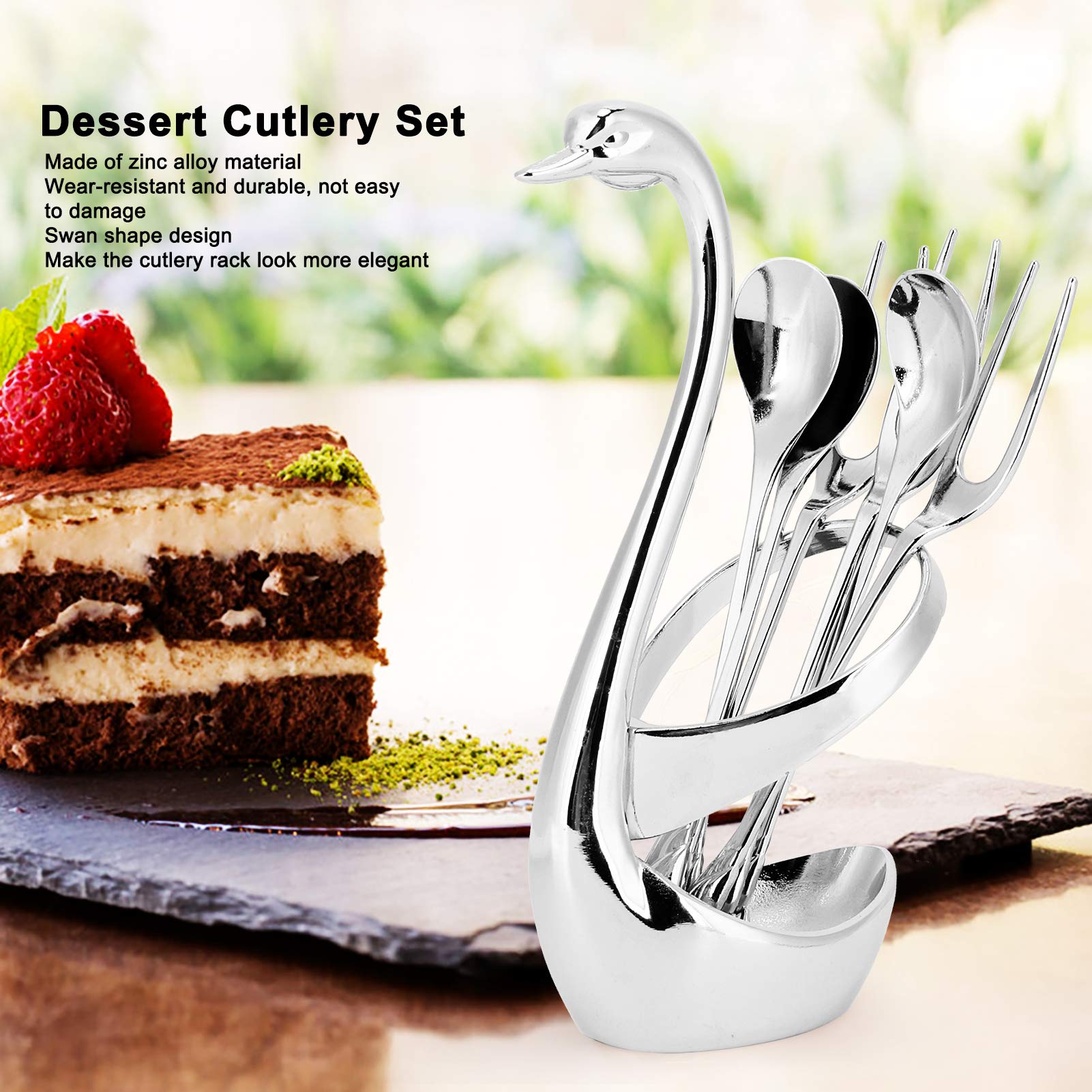 14-Piece Metal Dessert Cutlery Set - Elegant Zinc Alloy Silver Coffee Spoon & Fork Set with Swan Holder - Perfect for Afternoon Tea, Wedding Parties & Home Decoration