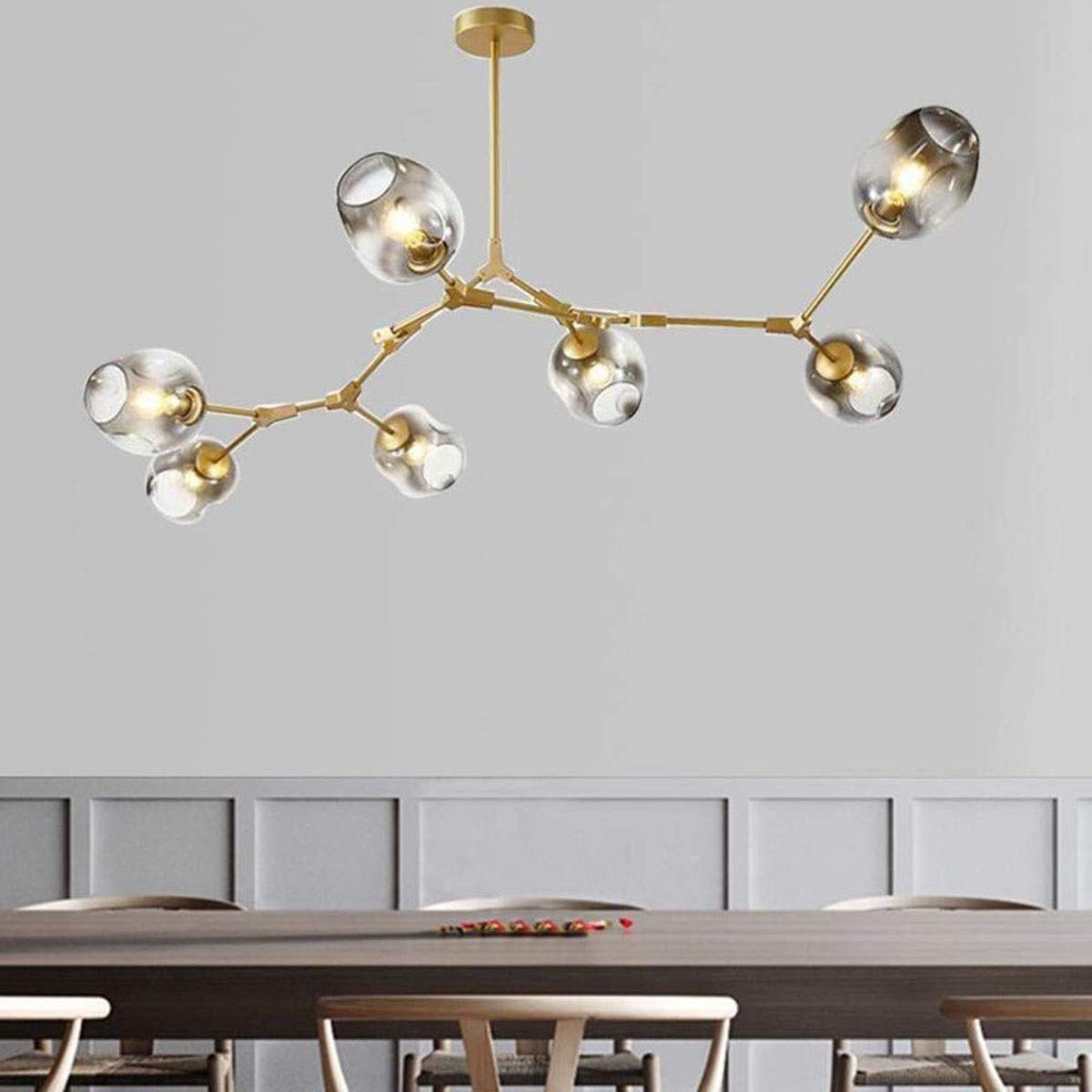 Modern 7-Light Gold Pendant Chandelier with Adjustable Grey Glass Shades - Flush Mount Ceiling Light Fixture for Hotel, Restaurant, Bar, Cafe & Home Lighting (Dining Room, Living Room, Bedroom, Corridor)