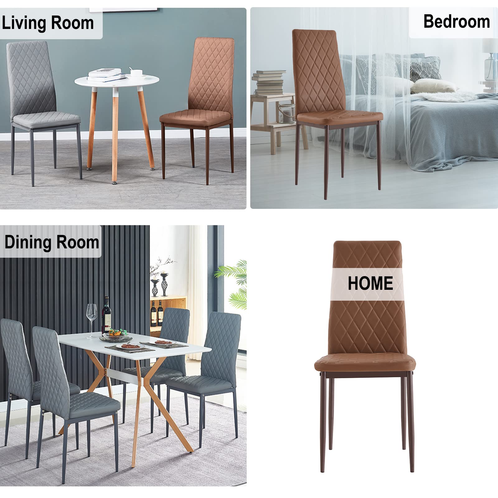 Goujxcy Set of 4 Leather Dining Chairs with Upholstered Cushion & High Back - Powder Coated Metal Legs & Rhombus Pattern Seats for Dining Room, Living Room, Bedroom, Kitchen (Coffee Brown) - Perfect for Home Decor, Family Gatherings & Entertaining Guests