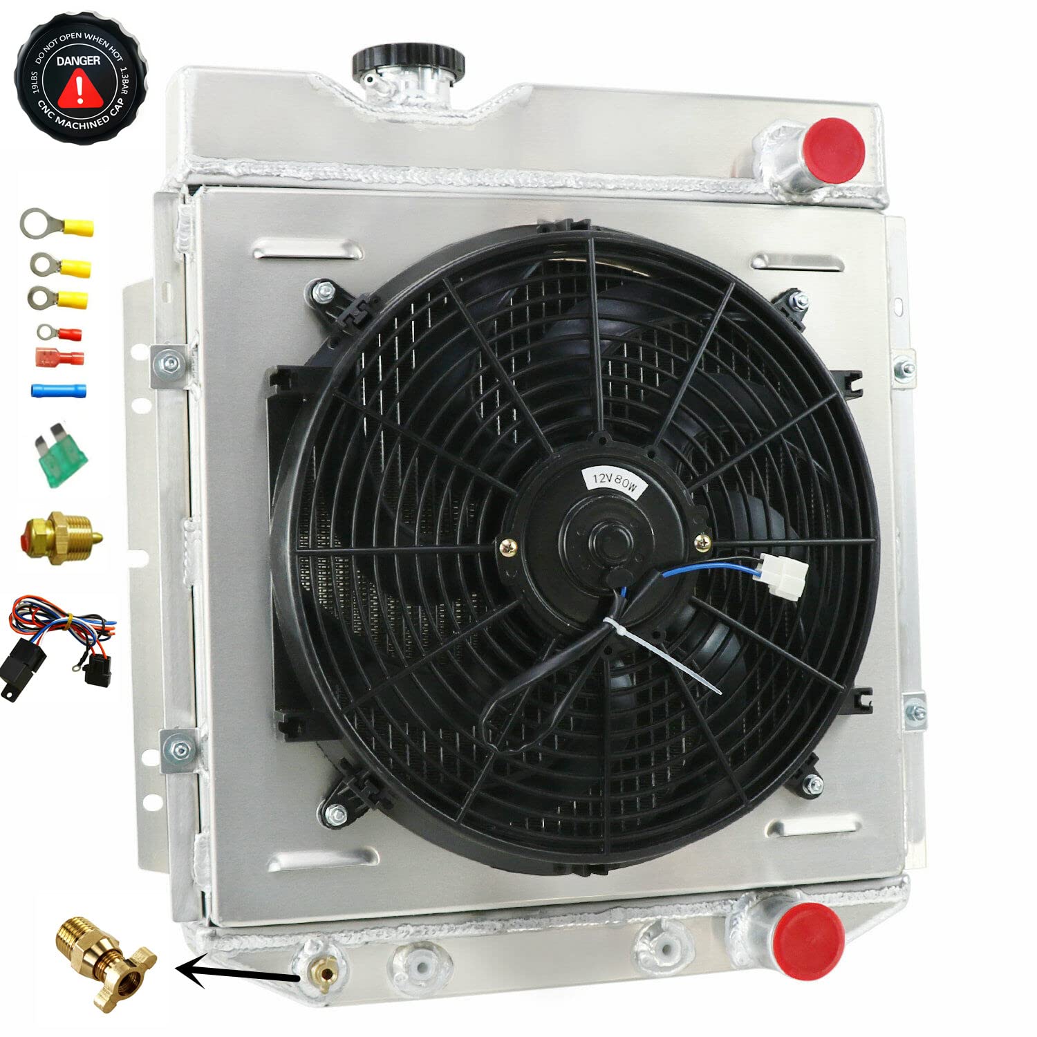 ALLOYWORKS 3 Row Aluminum Radiator with Shroud Fan & Relay Kit for 1964-1966 Ford Mustang | 1963-1965 Falcon Comet | AT/MT V8 Engines | High-Performance Cooling Upgrade for Classic Car Restoration & Hot Rod Builds