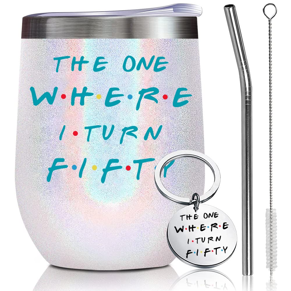 50th Birthday Gifts for Women - 12oz Wine Tumbler with Keychain - Perfect for 50 Year Old Women, Bestie, Sister or Friend Born in 1973 - Great for Celebrations, Parties & Everyday Use