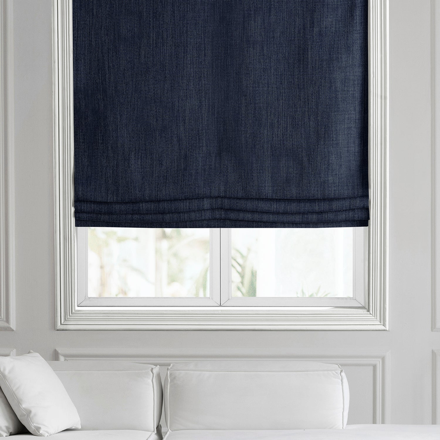 Nightfall Navy Textured Faux Linen Roman Shade - Blackout Window Treatment for Bedroom & Living Room