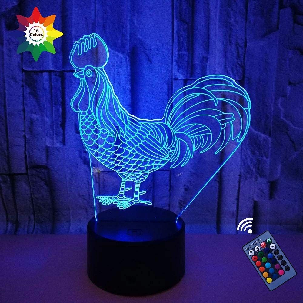 3D Cock Lamp Night Light - 16 Color Changing USB LED Desk Lamp with Remote Control & Touch Switch - Optical Illusion Decor Light for Bedroom, Living Room, Party & Gift