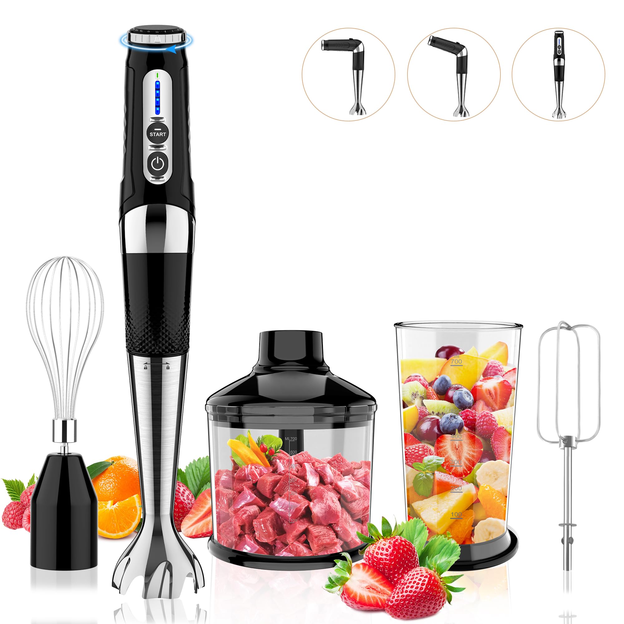 4-in-1 Cordless Immersion Blender - Rechargeable Hand Blender with 21 Speeds & Adjustable Angle, Includes 700ml Chopper, Beaker, Egg Whisk & Beater for Smoothies, Soup, Baby Food - Perfect for Kitchen, Home Cooking & Meal Prep (Black)
