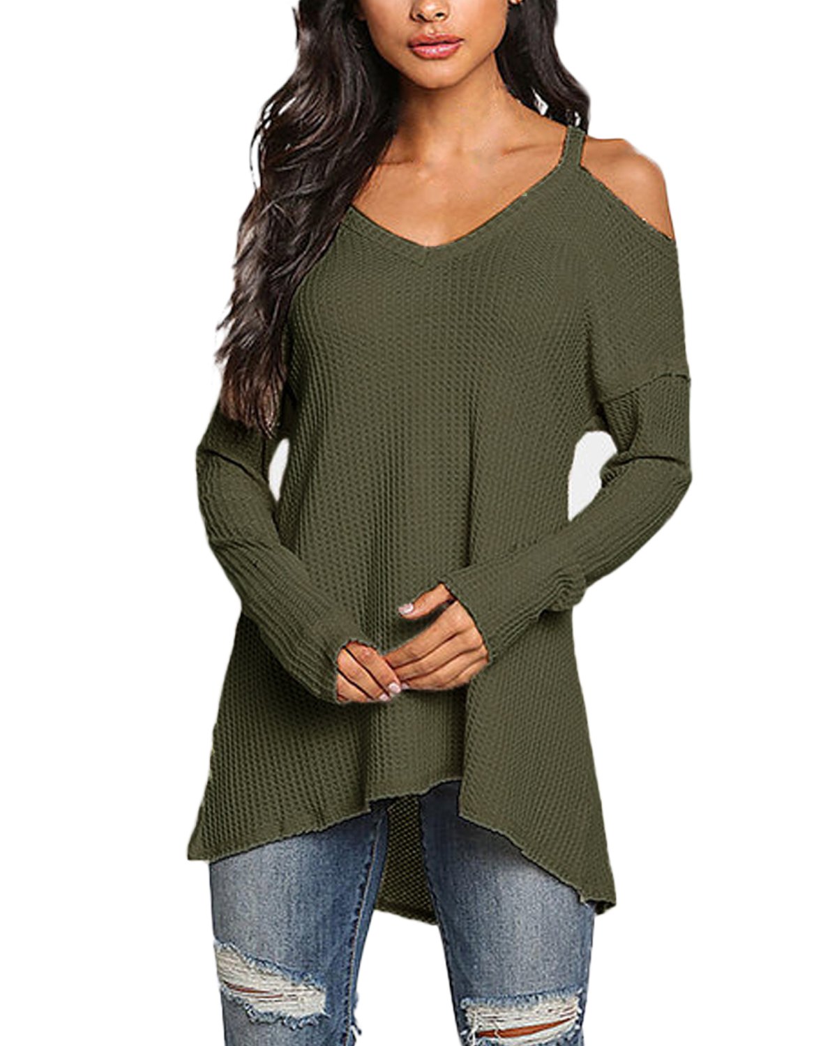 Styledome Women's V Neck Cold Shoulder Sweater - Waffle Knit Pullover Long Sleeve Loose Fit Casual Jumper | Perfect for Fall Layering, Date Nights & Office Wear