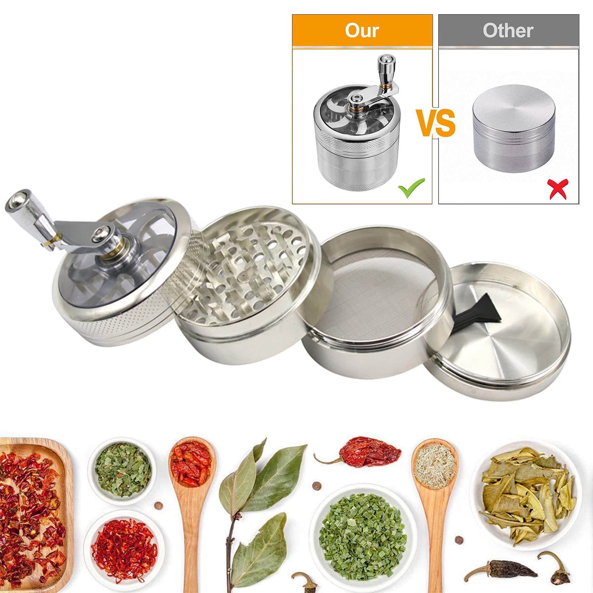 Premium 4-Layer Zinc Alloy Herb Grinder with Pollen Scraper & Hand Crank - 55mm Spice Crusher for Dried Herbs, Tobacco & Tea - Compact Manual Muller for Home Kitchen, Camping & Travel (Silver)