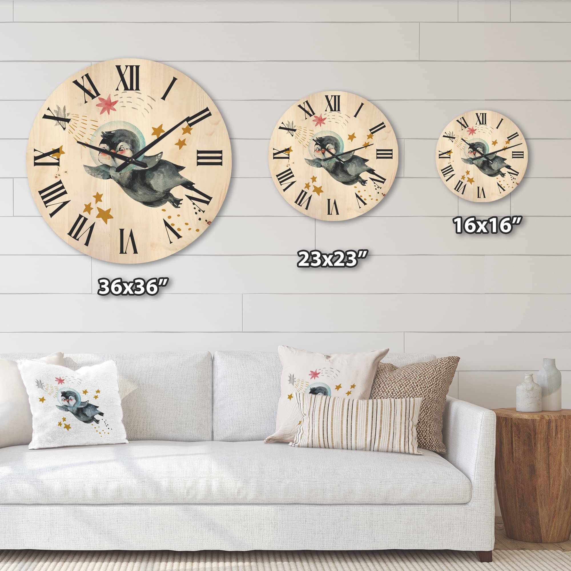 DesignQ 'Little Penguin Flying Planets and Stars' Large Farmhouse Wood Wall Clock - Oversized Decorative Animal Wall Art for Living Room, Bedroom & Office Décor - Perfect for Home, Office & Gift Giving