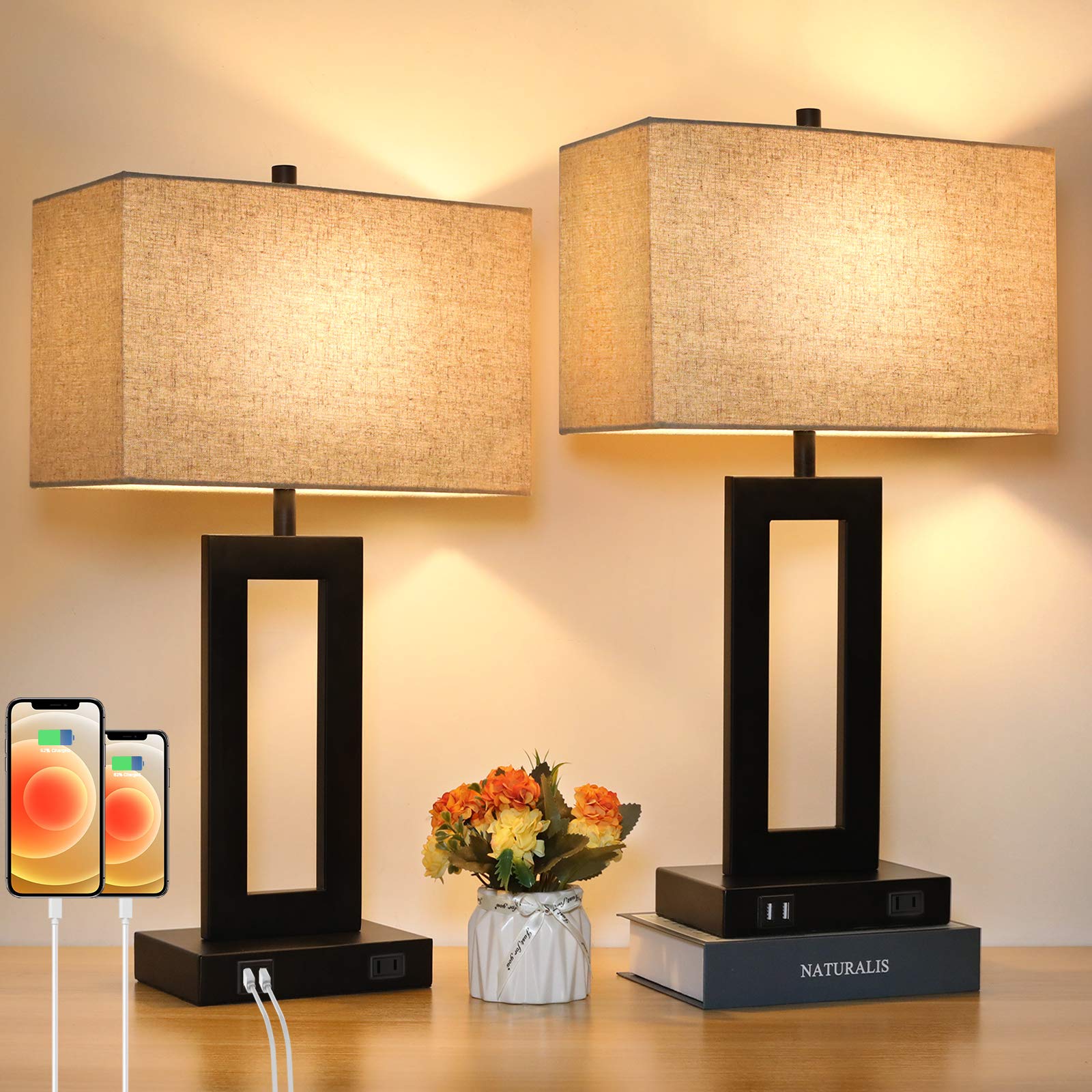 2-Pack Touch Control Table Lamps with 2 USB Ports & 3-Way Dimmable LED - Modern Nightstand Bedside Lamps with Cream Fabric Shade for Bedroom, Living Room, Office Desk - Perfect for Reading, Working & Nighttime Use (Bulbs Included)