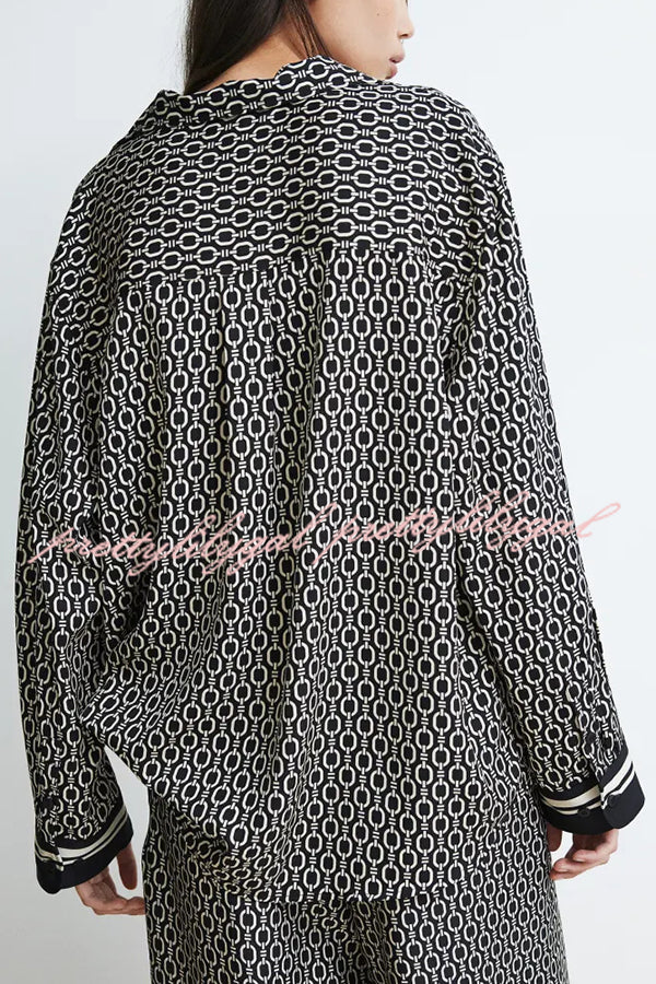 Stylish Printed Lapel Long Sleeve Blouse with Elastic Waist Casual Pants Set - Women's Loose Fit Wide Leg Trousers & Pocket Details for Office, Travel and Everyday Wear