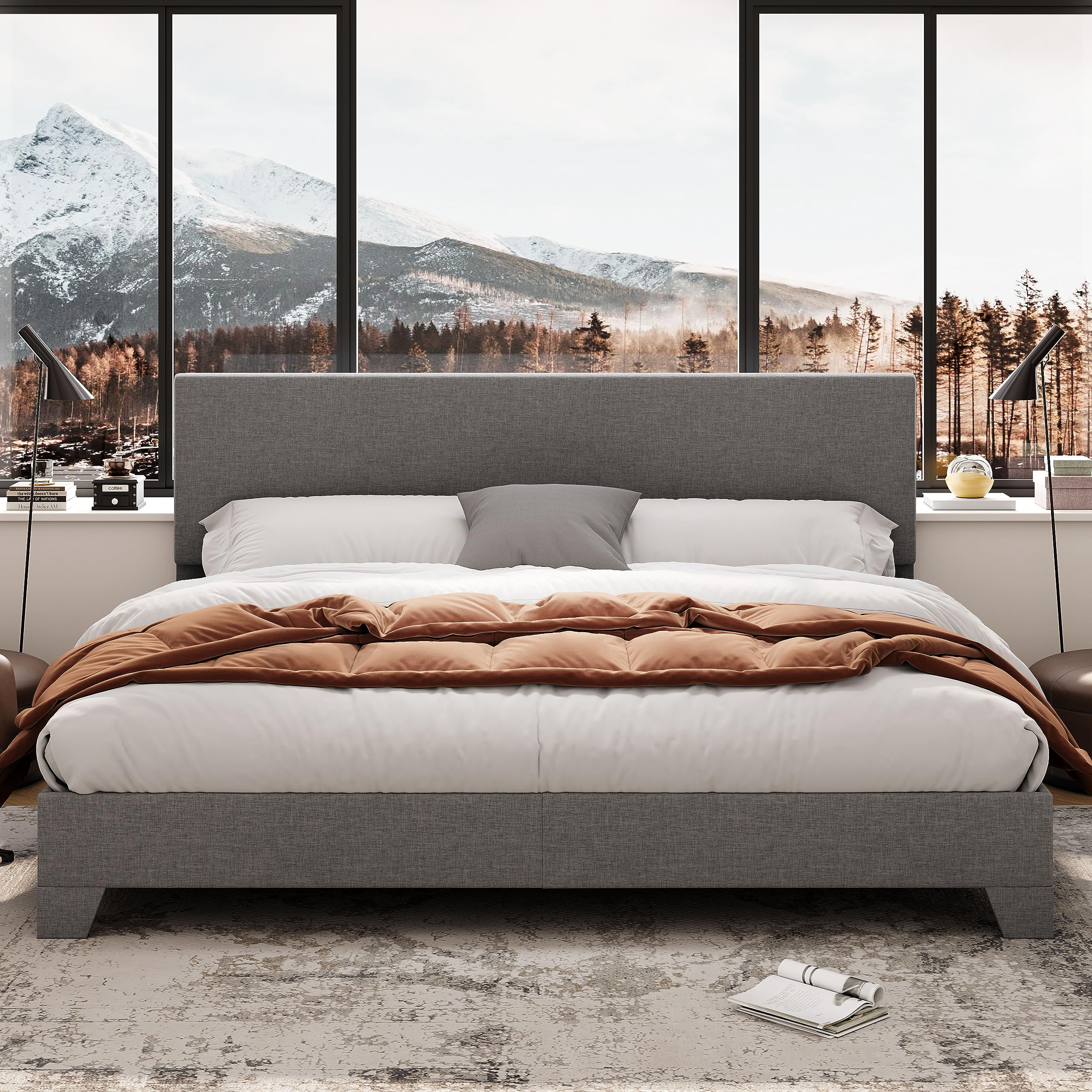 Allewie King Size Platform Bed Frame with Adjustable Upholstered Headboard - Sturdy Wood Slats & Heavy Duty Mattress Foundation - No Box Spring Needed - Quiet & Easy Assembly in Light Grey - Perfect for Master Bedroom, Guest Room or Modern Apartment