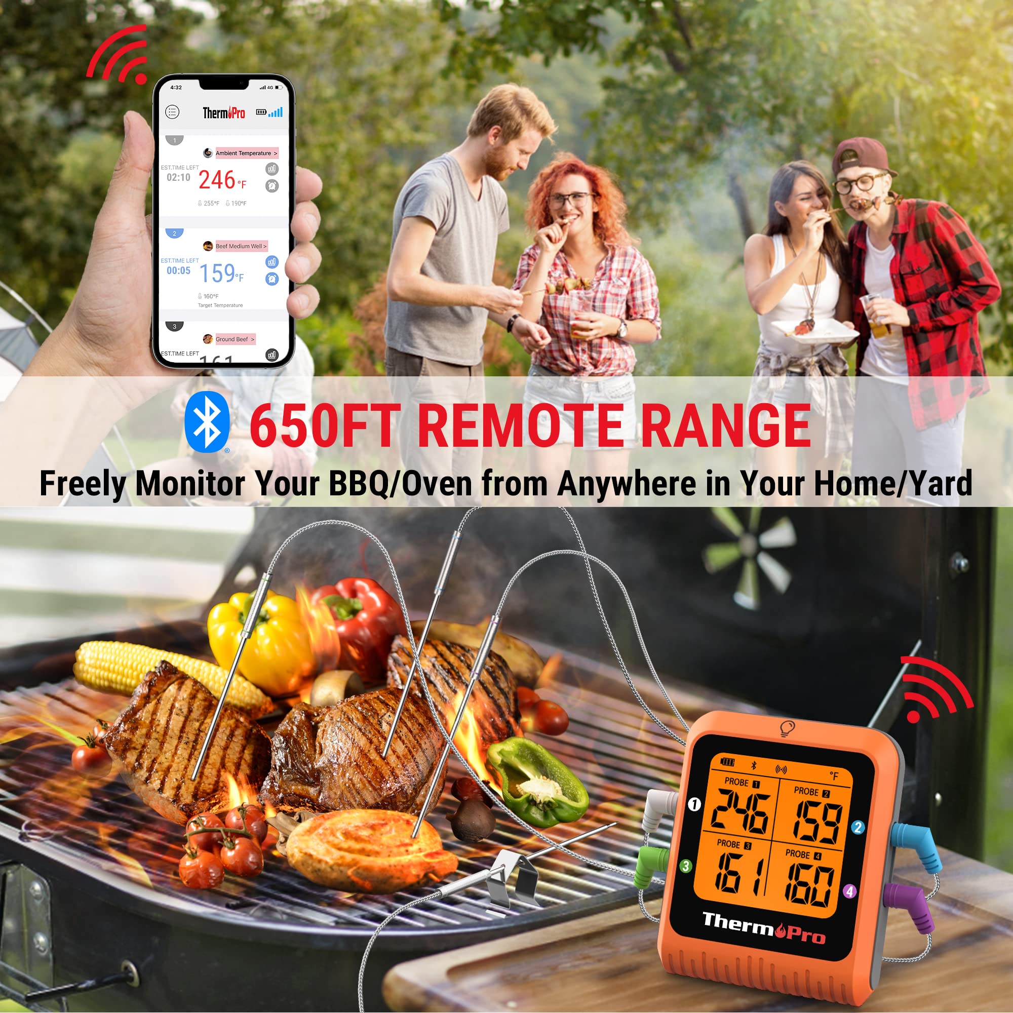 ThermoPro 650 ft Bluetooth Meat Thermometer with 4 Color-Coded Probes - Wireless Digital Cooking Thermometer with Timer & Rechargeable Battery - Perfect for Smoker, Oven, Grill, BBQ, and Commercial Kitchen Use