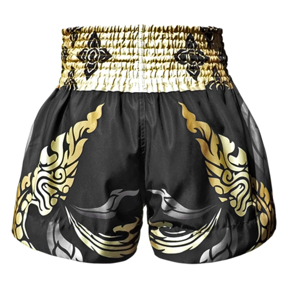 Premium Tuff Muay Thai Shorts - King of Naga Black/Gold Design for MMA, Kickboxing & Muay Thai Training | High-Performance Fight Shorts for Combat Sports