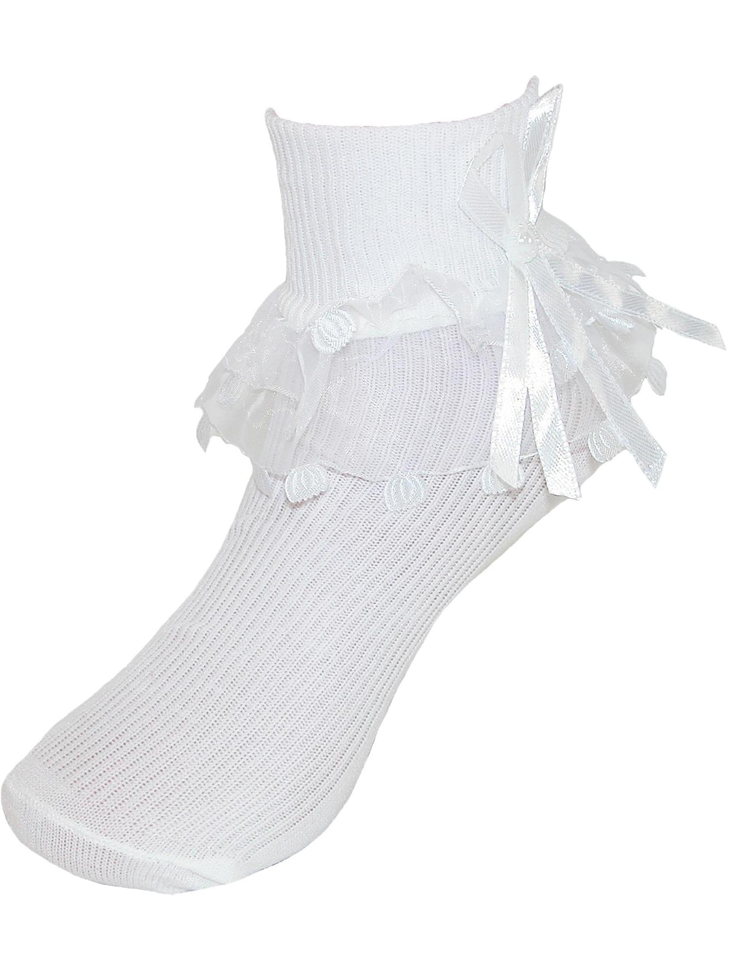 CTM® Girls' Lace Ruffle Ankle Socks with Pearl Accents - Cute & Comfortable Dress Socks for School, Parties, and Special Occasions