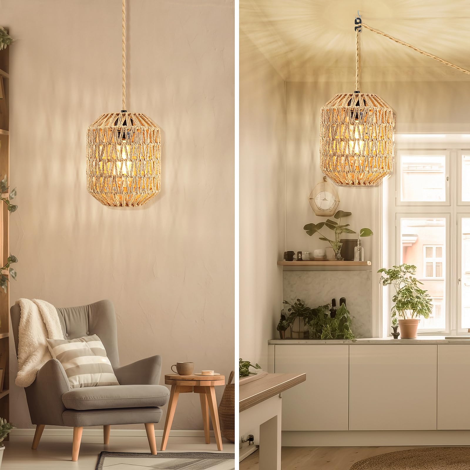 Dimmable Rattan Plug-In Pendant Light with 15FT Hemp Rope Cord - Wicker Woven Basket Lampshade Industrial Ceiling Fixture for Kitchen, Dining Room, Bedroom & Living Room (Brown)