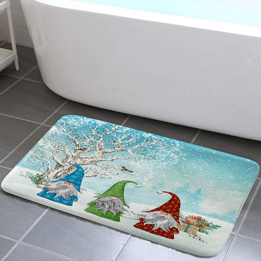 JAWO Christmas Gnome Bath Mat - Festive Snowman Tree Bird Snowflake Winter Holiday Non-Slip Bathroom Rug for Kitchen & Entryway (Blue) | Perfect for Holiday Decor & Cozy Home Accents