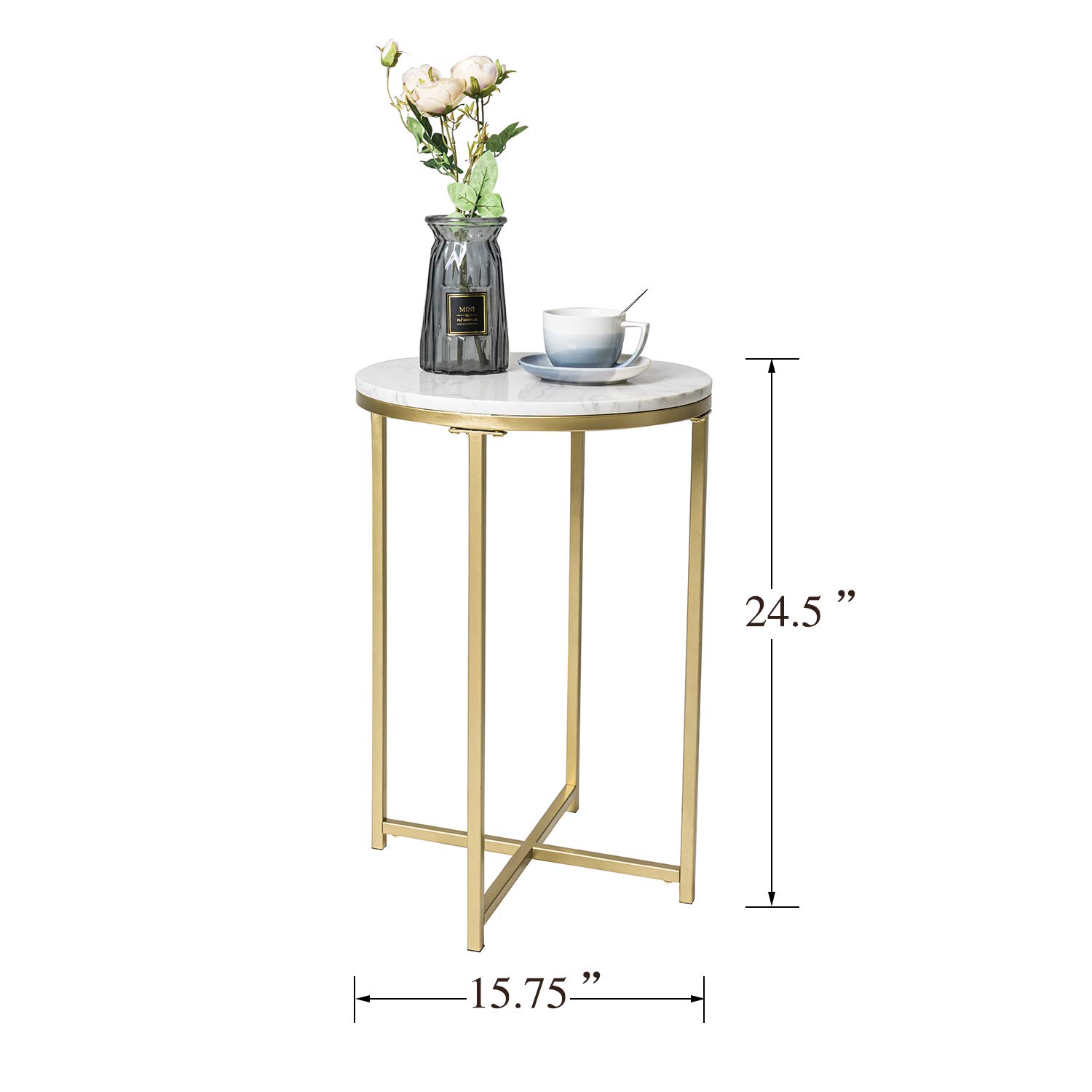 Modern Round Side Table with Marble Top & Gold Metal Base - 15.75