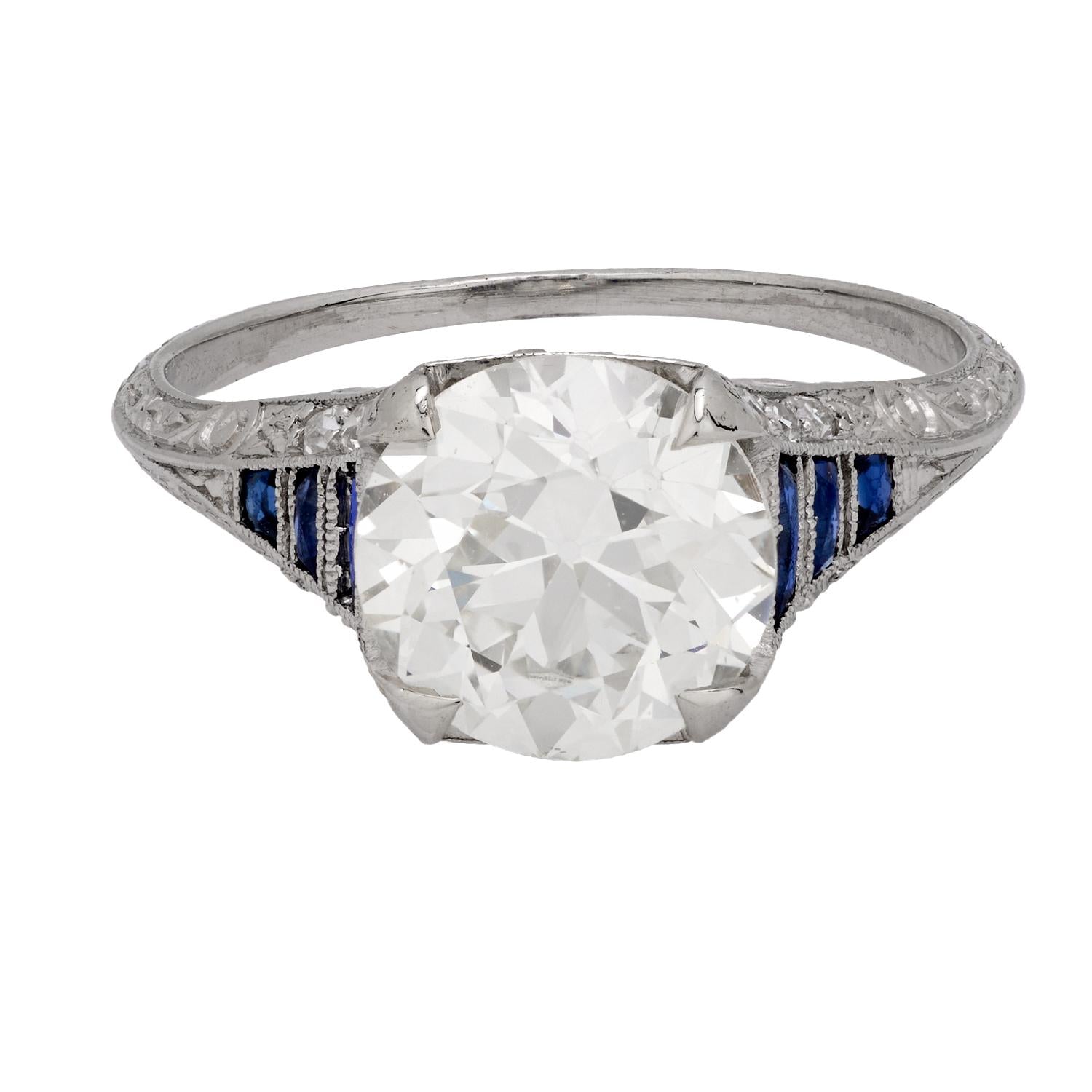 Exquisite Art Deco GIA Certified 2.67 Carat Old European Cut Diamond & Sapphire Platinum Engagement Ring - Vintage Wedding, Anniversary Gift, Proposal Jewelry for Her