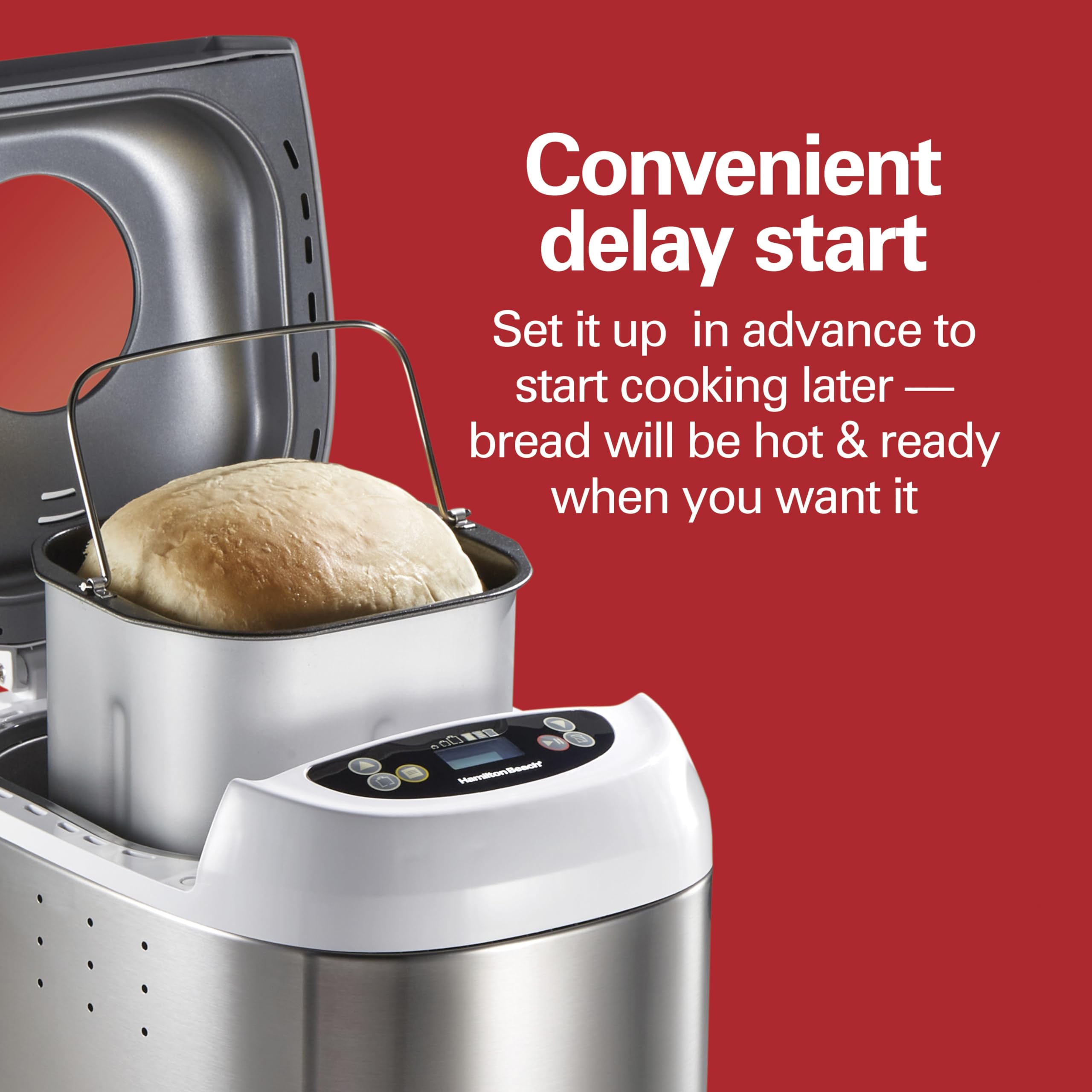 Hamilton Beach 2 lb Digital Electric Bread Maker Machine - Artisan & Gluten-Free Bread, 14 Preset Programs, White & Stainless Steel (Model 29987) - Perfect for Home Baking, Gifts, and Healthy Eating