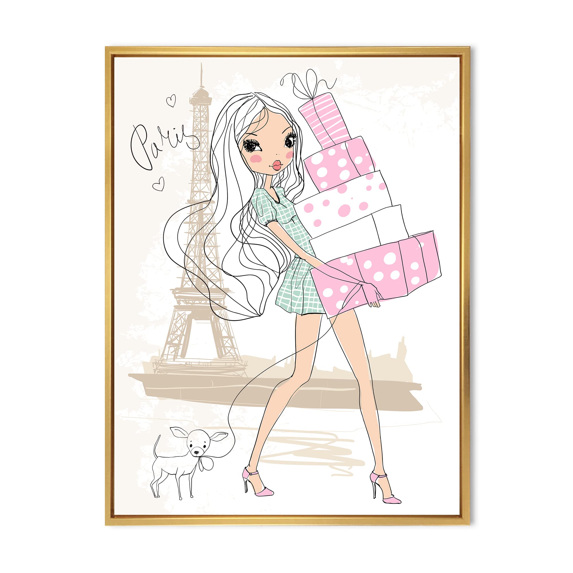 Shabby Chic Framed Canvas Wall Art Print - Young Girl with Shopping Boxes in Paris | Perfect for Girls' Room, Nursery & French-Themed Decor