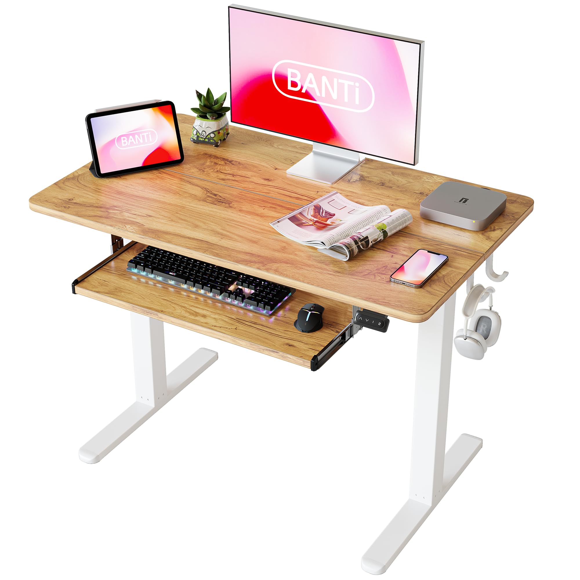 BANTI 40 x 24 Inch Electric Height Adjustable Standing Desk with Keyboard Tray | Sit Stand Workstation with Splice Board | White Frame & Light Rustic Brown Top | Perfect for Home Office, Gaming & Workspace Ergonomics