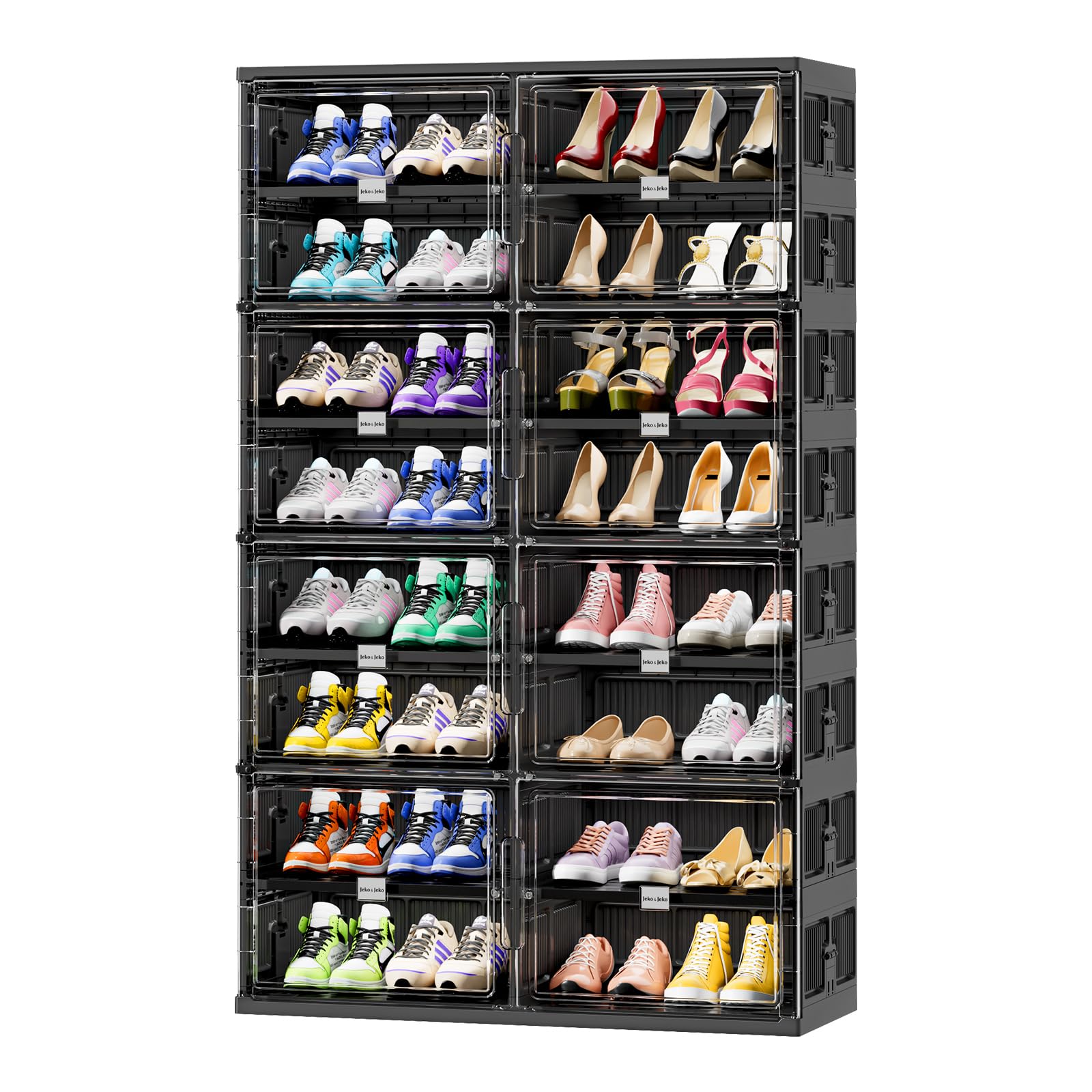 JEKO&JEKO 8-Tier Foldable Shoe Rack Organizer - Holds 32 Pairs, Fits Size 12 Shoes - Space-Saving Closet & Entryway Storage Cabinet with Magnetic Doors (Black) - Perfect for Small Apartments, Dorm Rooms & Mudroom Organization