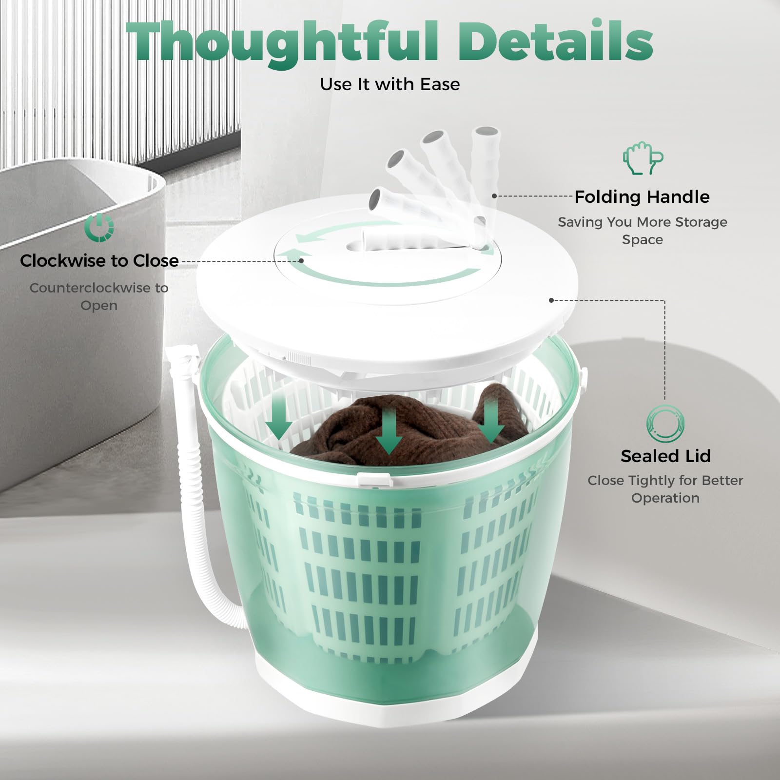 2 in 1 Manual Non-Electric Portable Washing Machine - Compact Spin Dryer for RV Travel, Camping & Small Apartments | Green Mini Washer for Clothes, Socks & Underwear